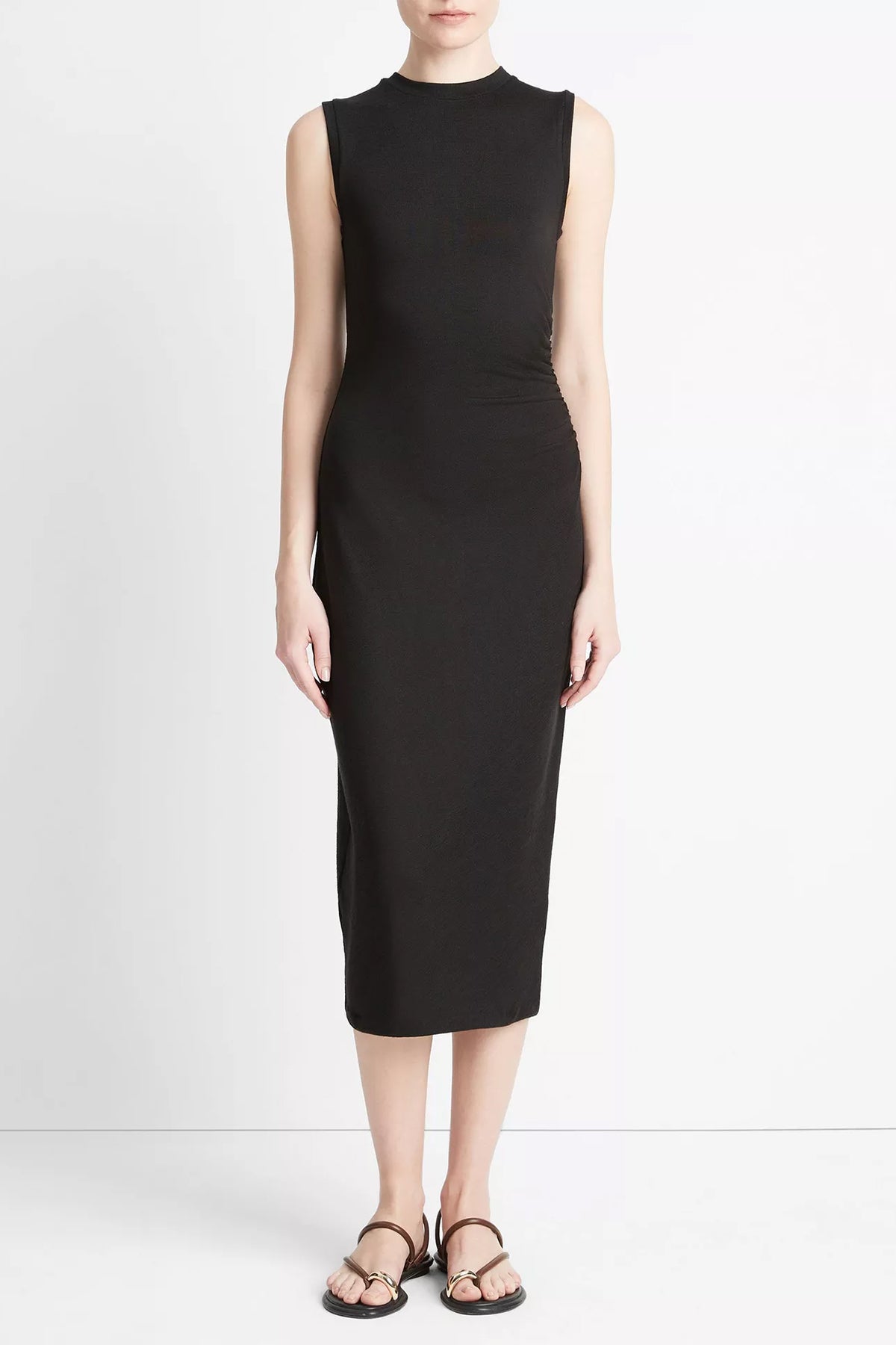 Sleeveless Gathered-Waist Dress in Black