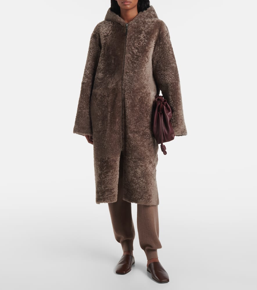 Reversible shearling and leather hooded coat