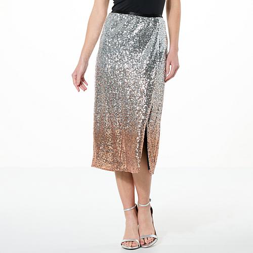 Jaclyn Smith Sequin Midi Skirt with Side Slit - Blue