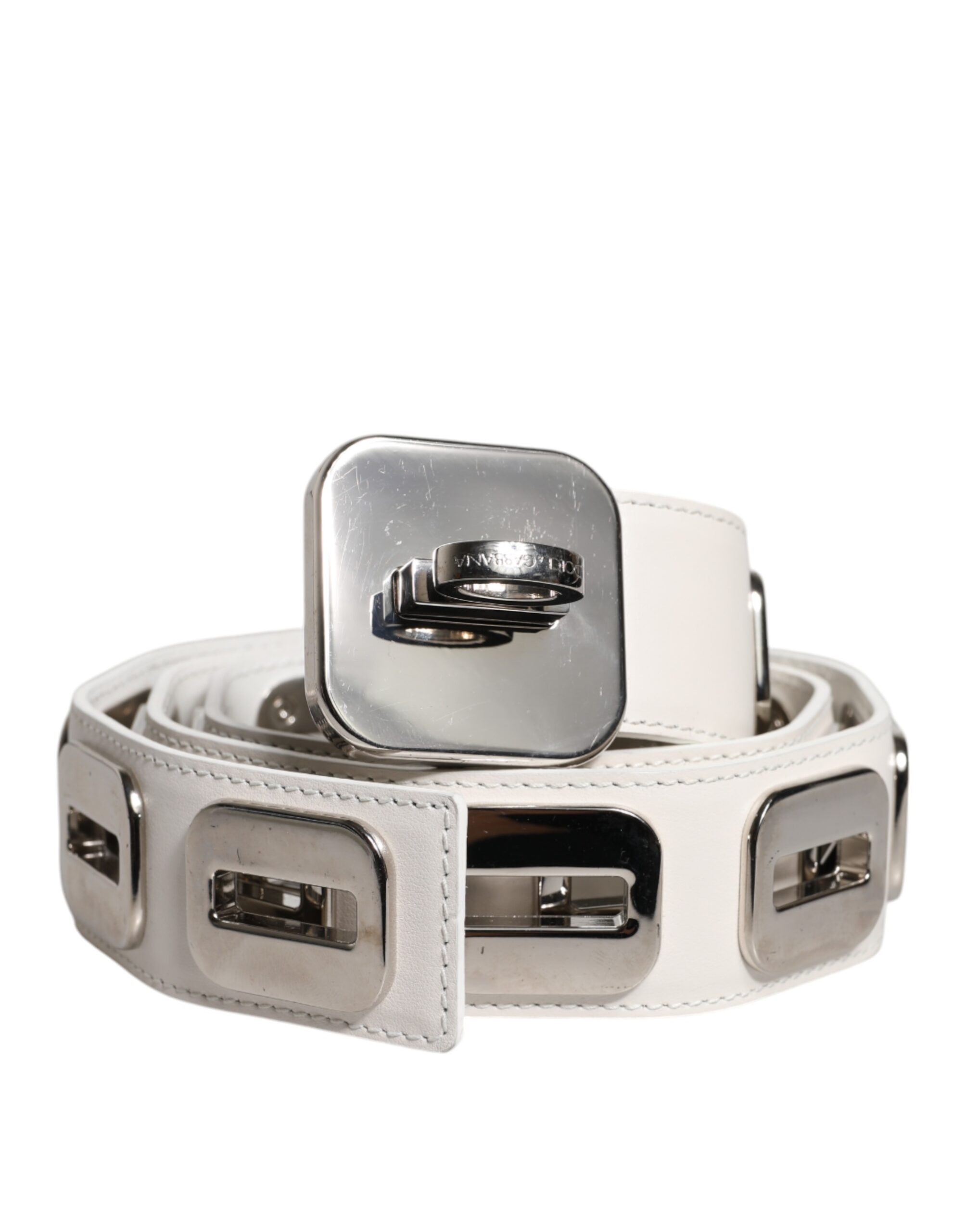 Dolce & Gabbana White Leather Gold Tone Rotating Buckle Women's Belt