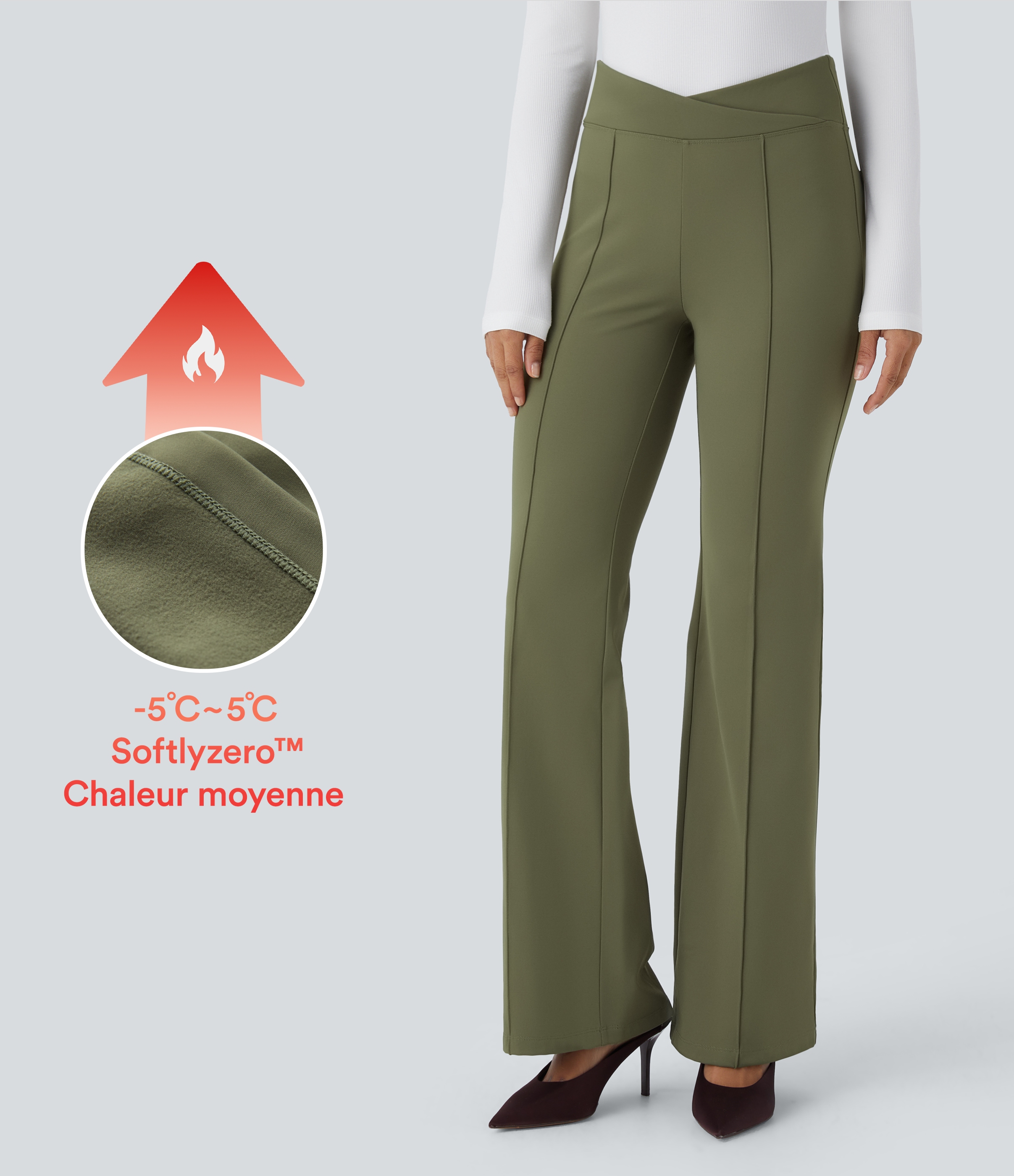 Pantalon évasé de ville Softlyzero™ thermique effet croisé taille haute avec poches arrière - Deep Sage