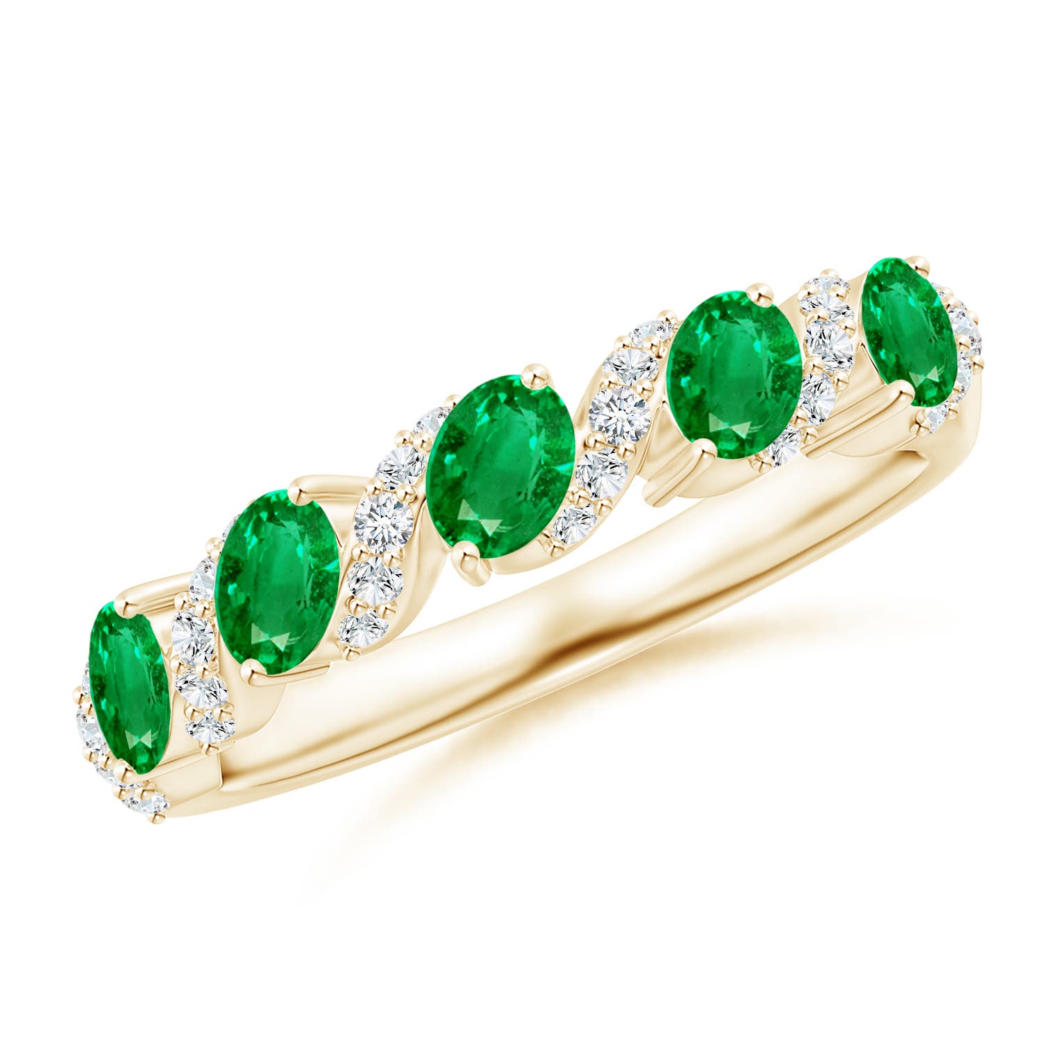 Angara 0.6 Carat Five Stone Oval Emerald Swirl Ring with Diamonds in 14K Yellow Gold