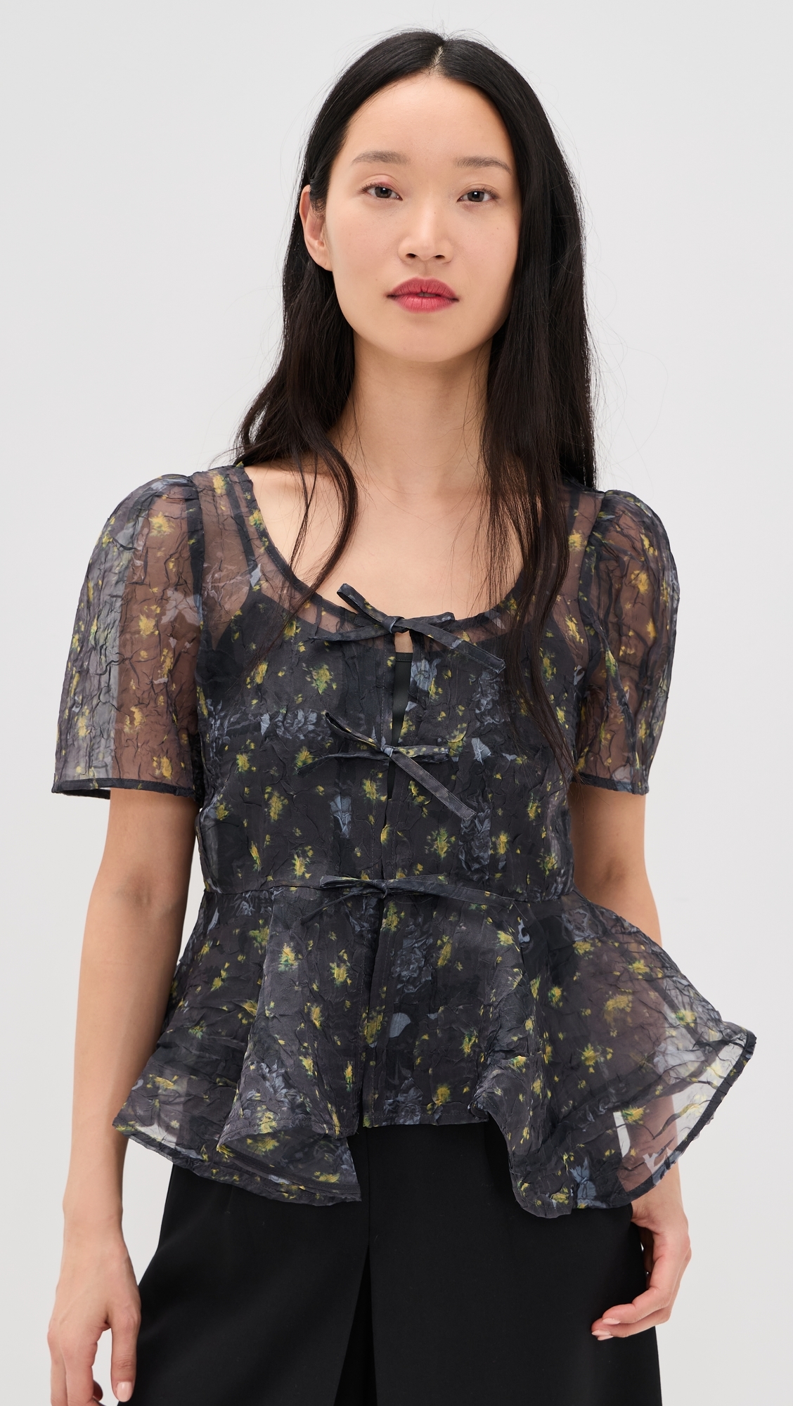 Printed Shibori Organza Sun Cut Peplum Blouse Black Sand