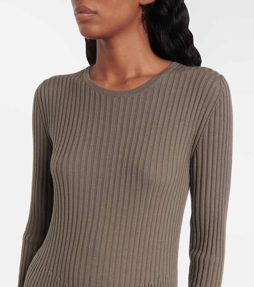 Ribbed-knit pleated wool midi dress