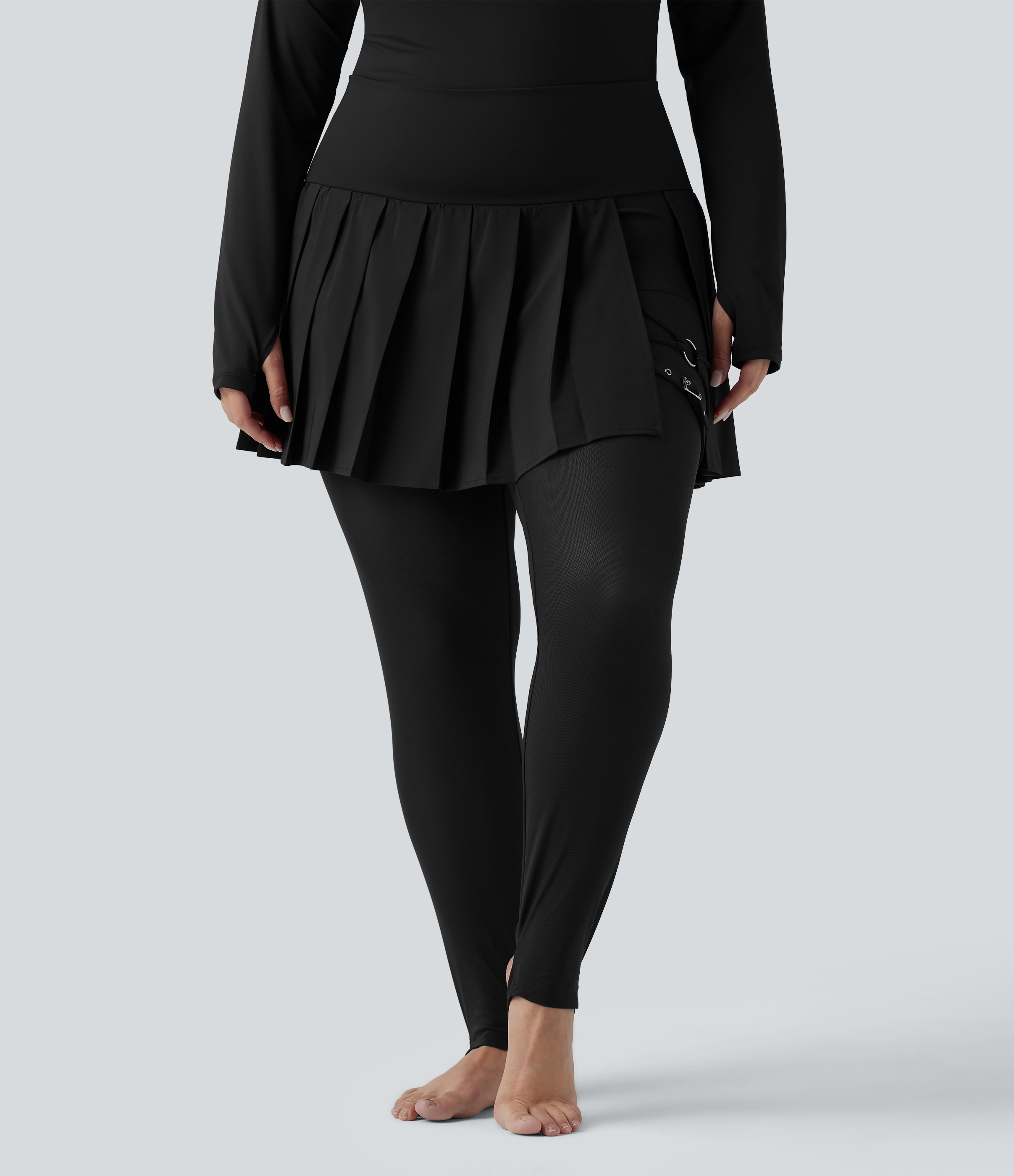 Breezeful™ High Waisted Pleated 2-in-1 Contrast Mesh Quick Dry Dance Plus Size Stirrup Skirted Leggings with Pockets  - Black