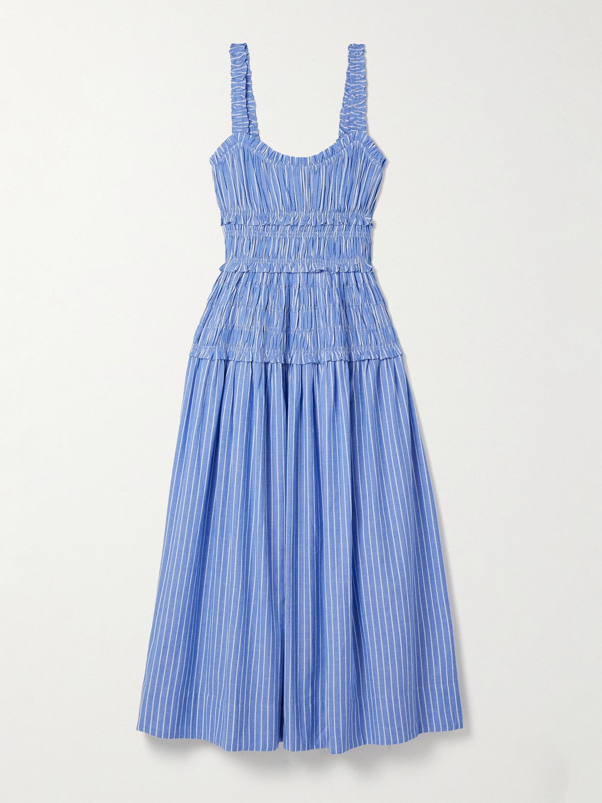 Marianne Shirred Striped Cotton-poplin Midi Dress - Blue