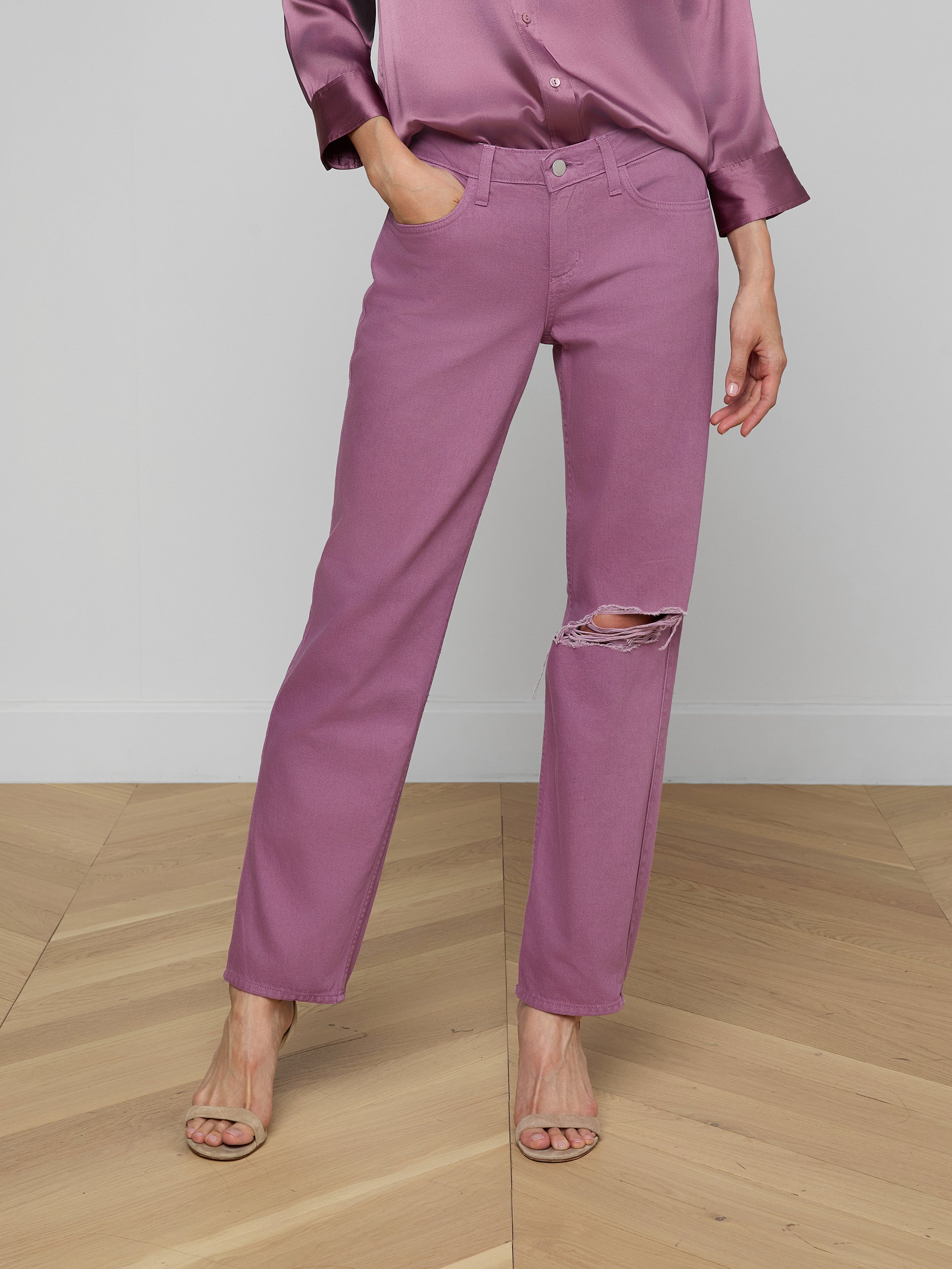 Nevia Slouchy Straight-Leg Jean In Dusky Orchid Destruct