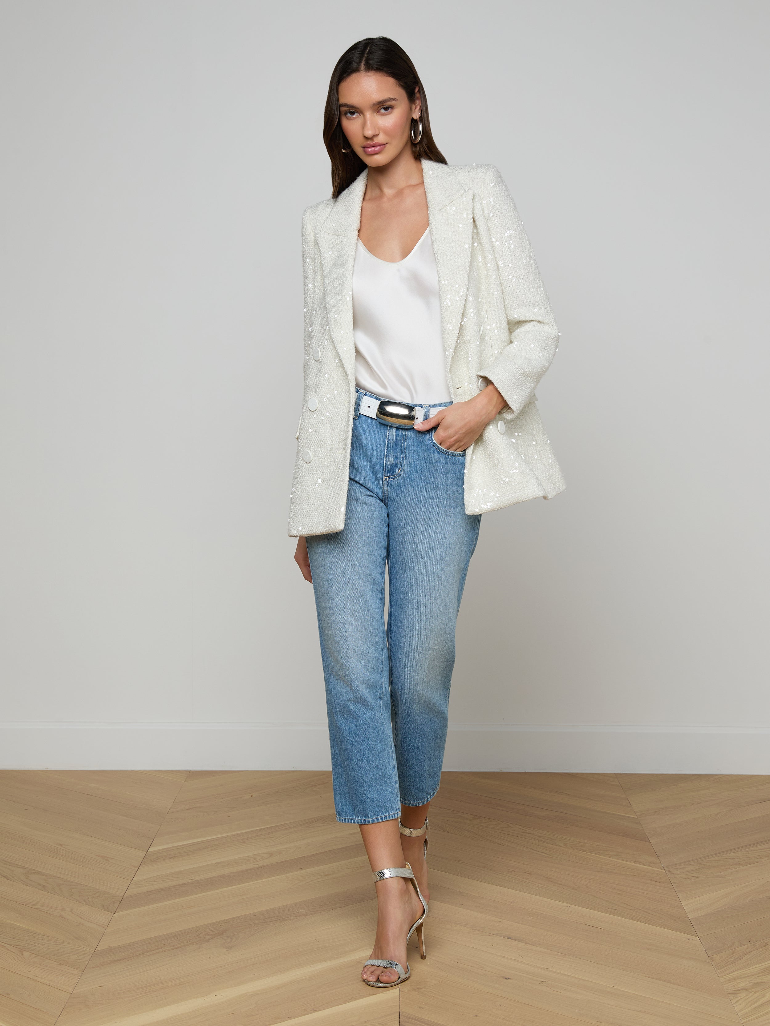 Cambrie Oversized Sequin Blazer In White Tweed/clear Sequin
