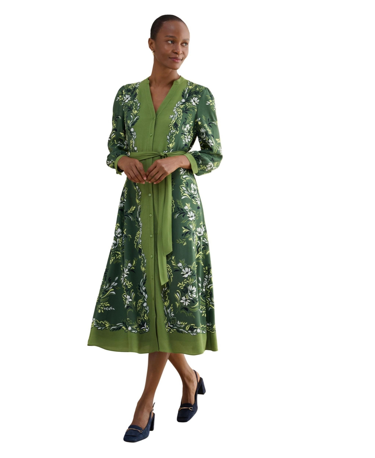 London Women's Apolline Printed V-Neck Midi Shirt Dress - Green