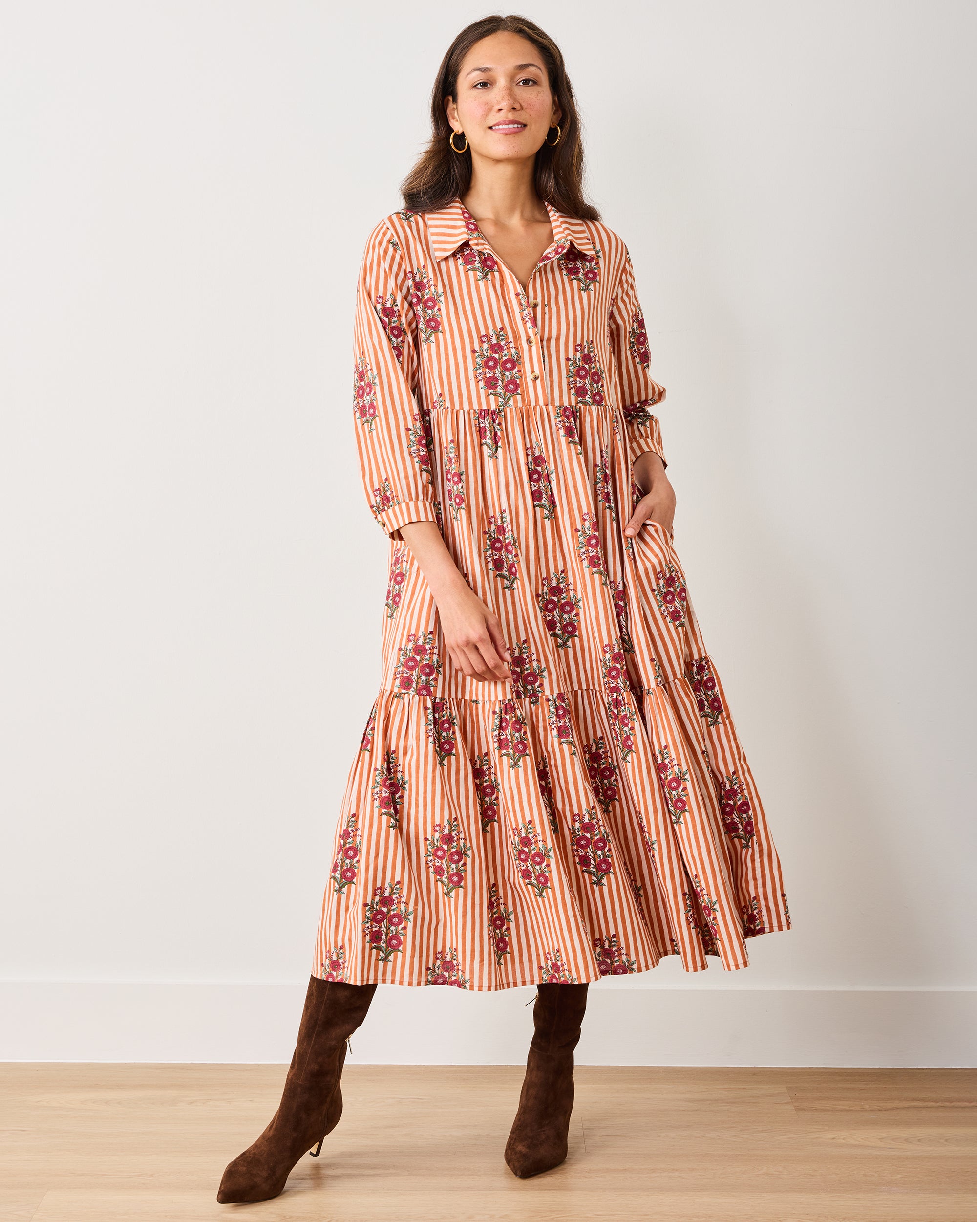 Organic Cotton 3/4 Sleeve Midi Shirt Dress in Wildflower Stripes | Women's XS | Red