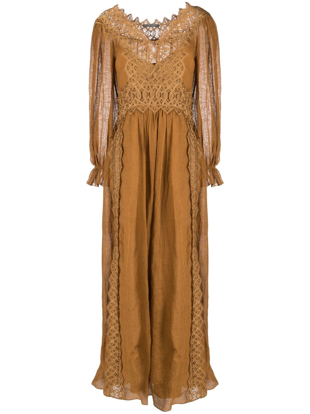 Lace linen long dress - Brown