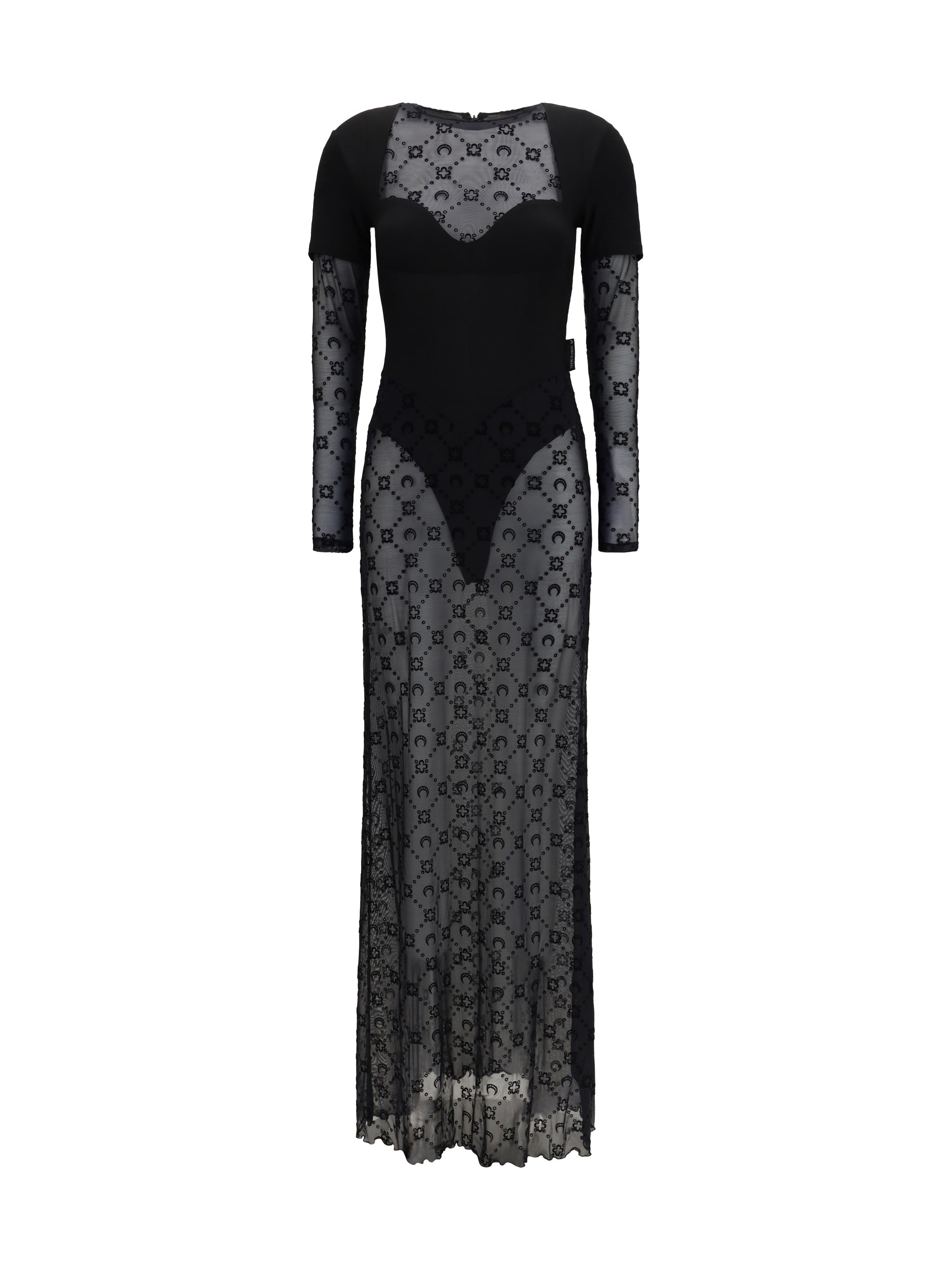 Layered Jersey and Mesh Dress — Black