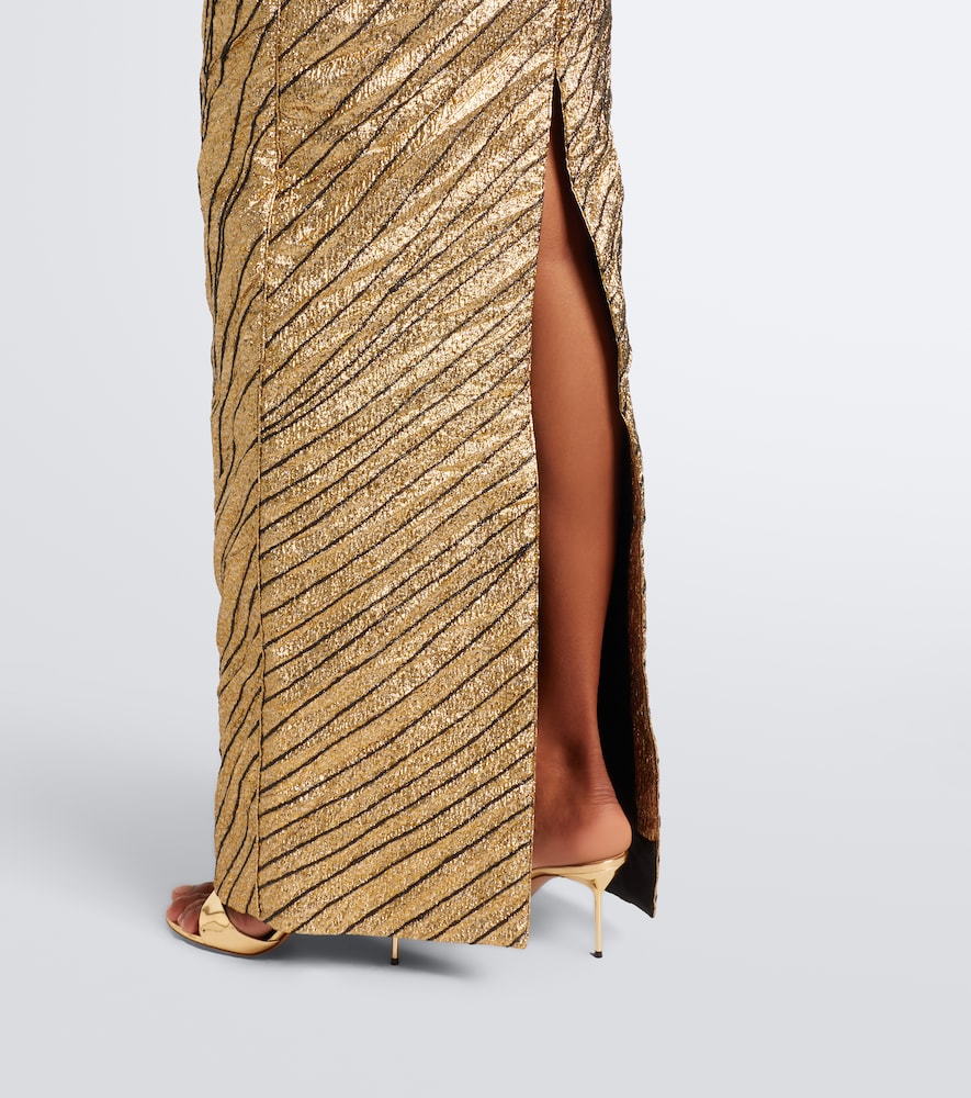 Striped asymmetric brocade bustier gown