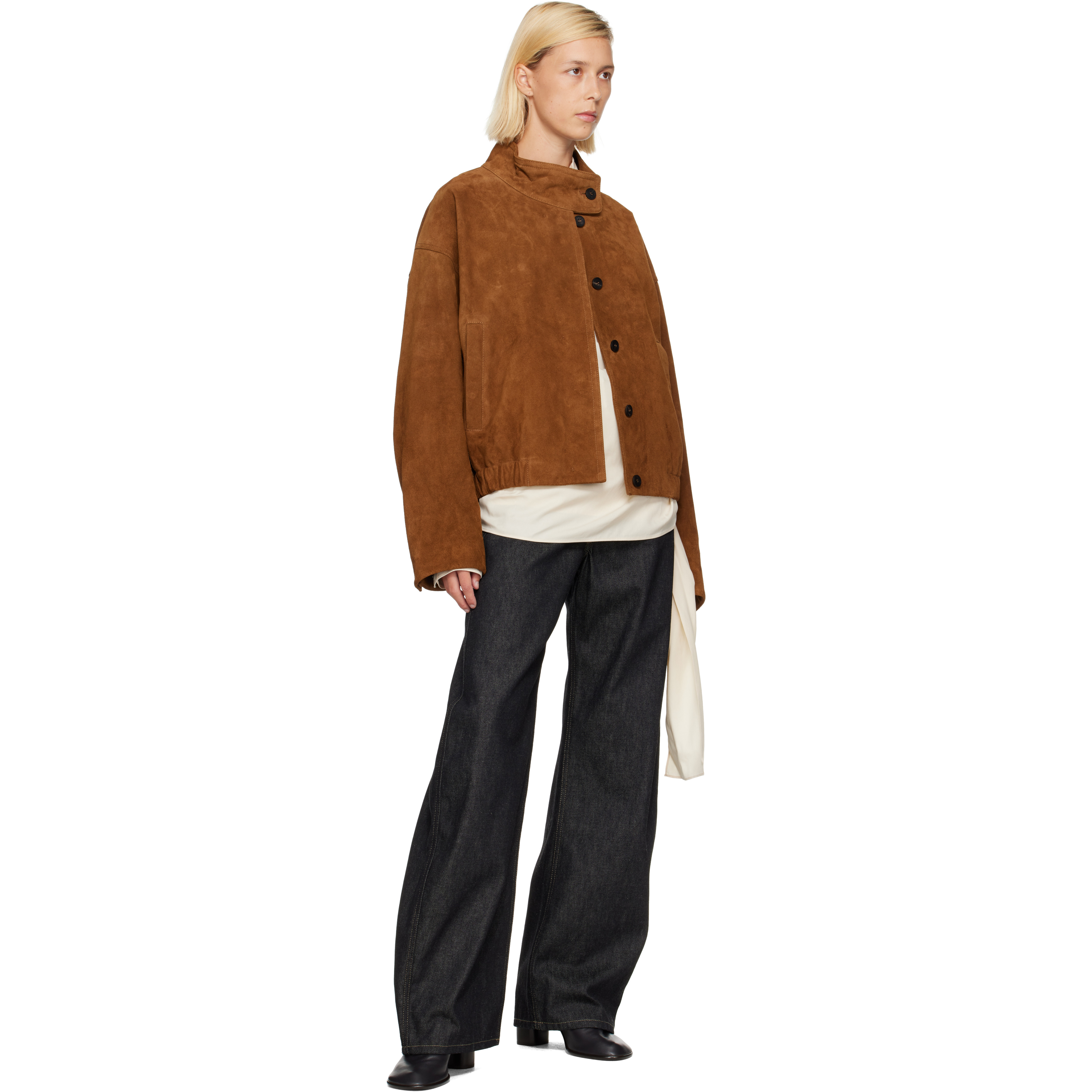 Tan Funnel Neck Suede Jacket
