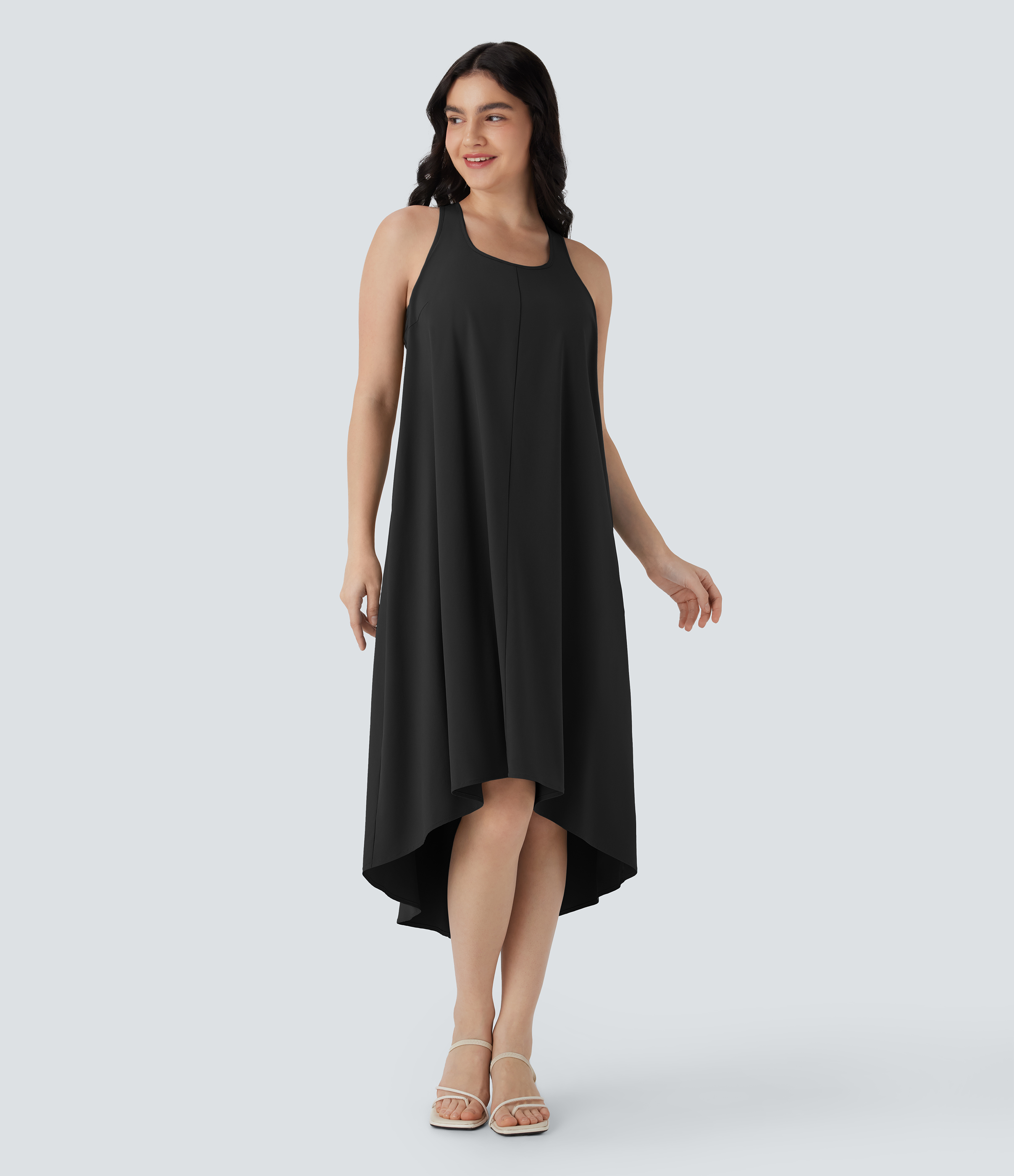 Breezeful™ RacerPocket High Low Flowy Midi Quick Dry Casual Dress DD-F Cups Casual Dress - Black