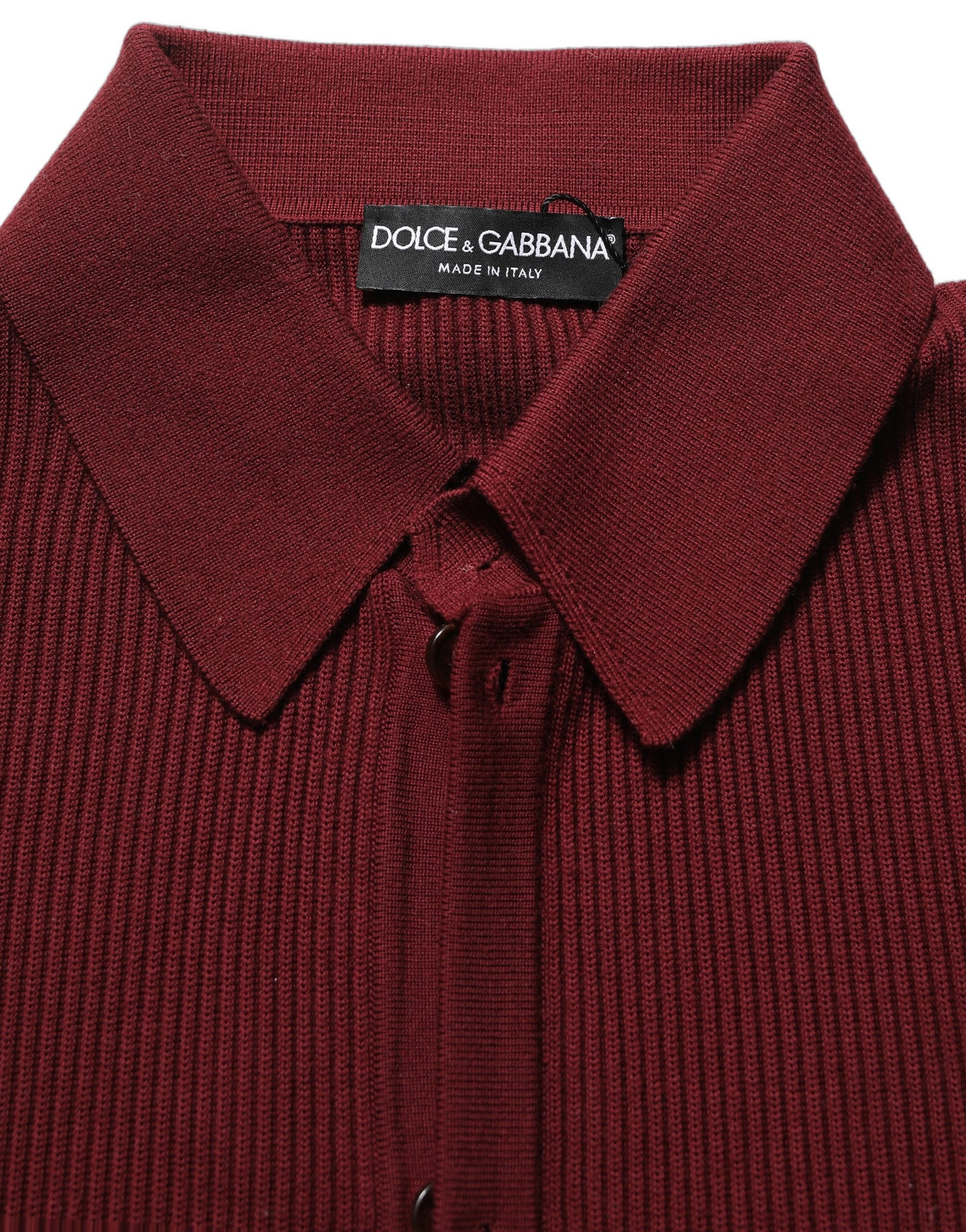 Virgin Wool Ribbed Knit Cardigan — Red