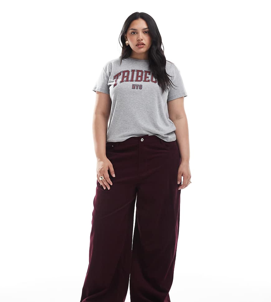 Curve cord wide leg trousers in burgundy pinstripe-Red