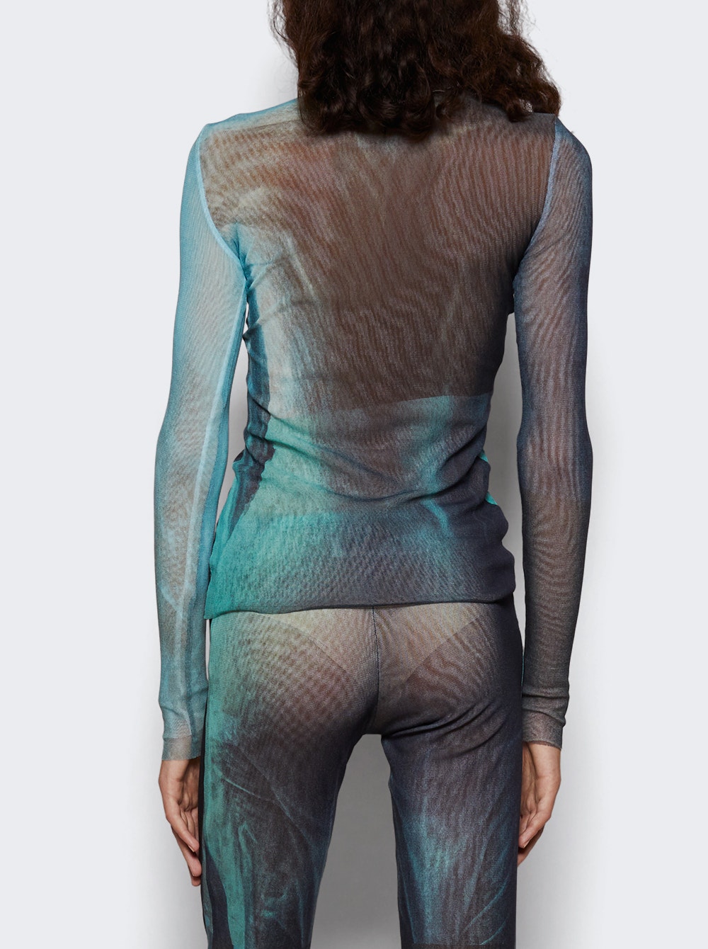 Mesh Long Sleeve Top Blue Water Print