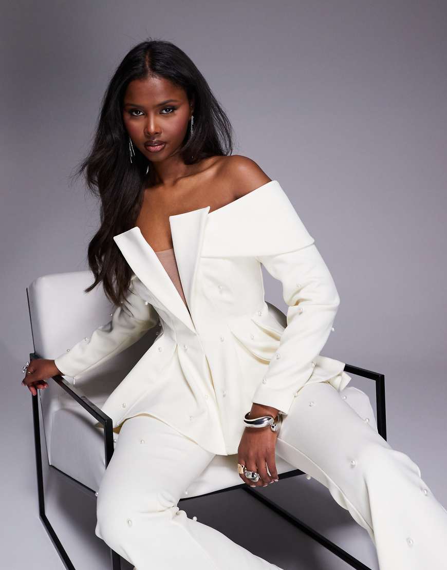 Co-ord pearl embellished off shoulder tailored blazer in cream-White
