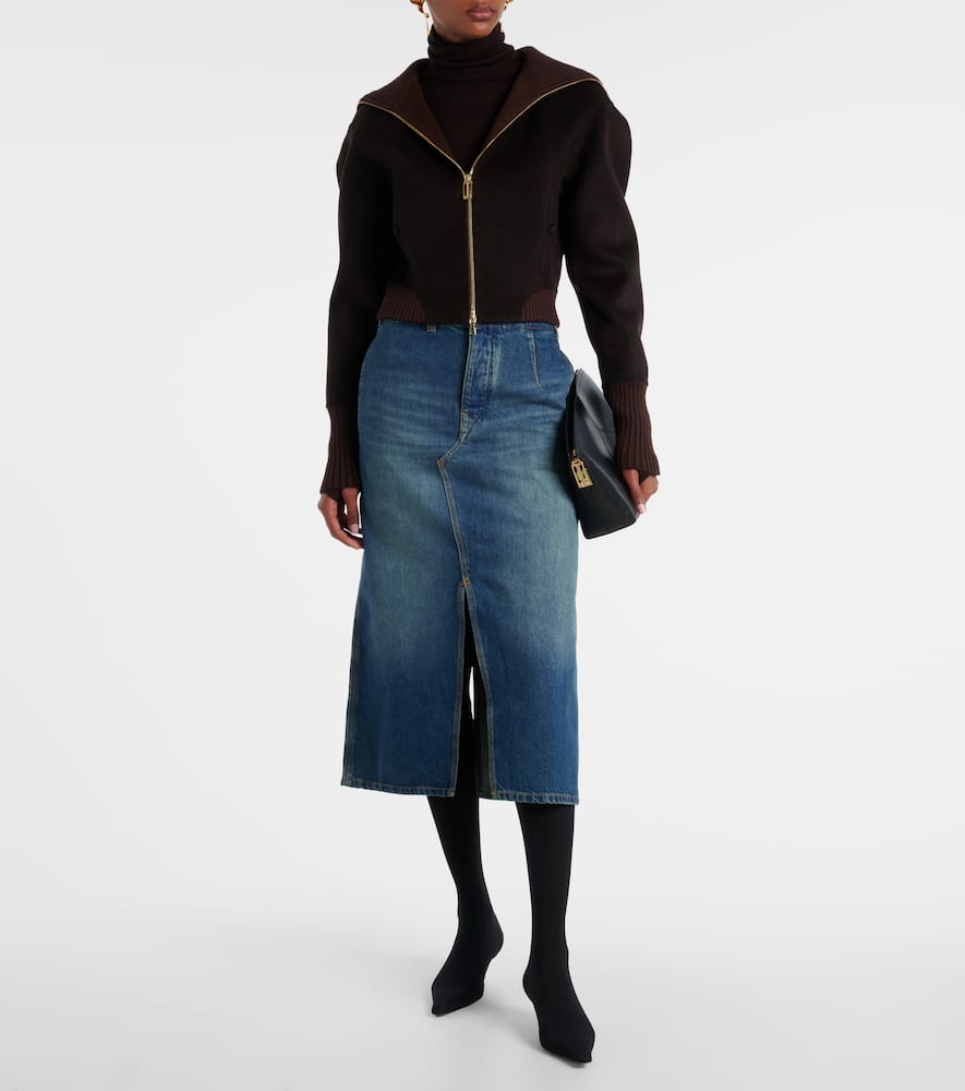 Asymmetric denim midi skirt