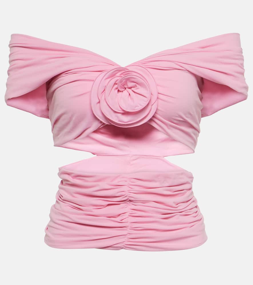 Floral-appliqué ruched off-shoulder top