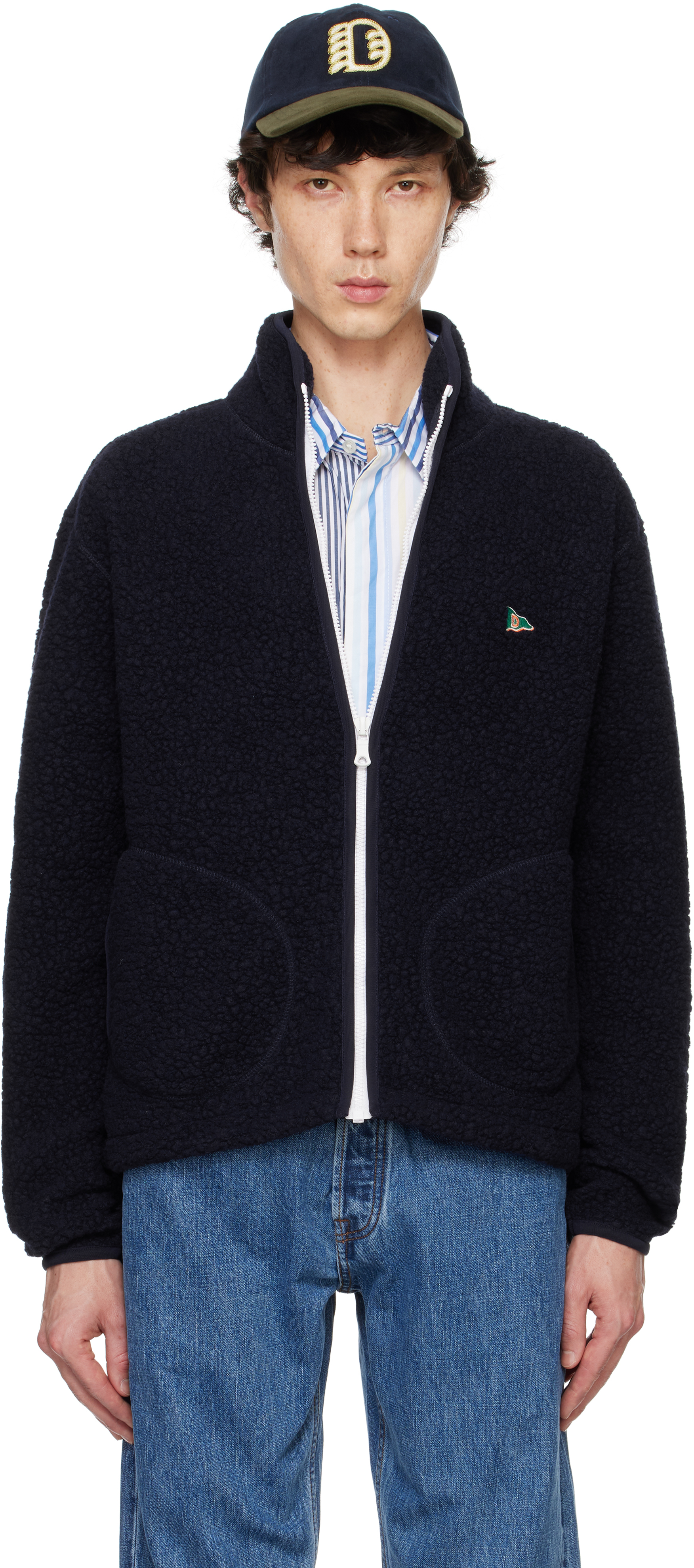 Drake's Navy Boucle Wool Zip Fleece Jacket