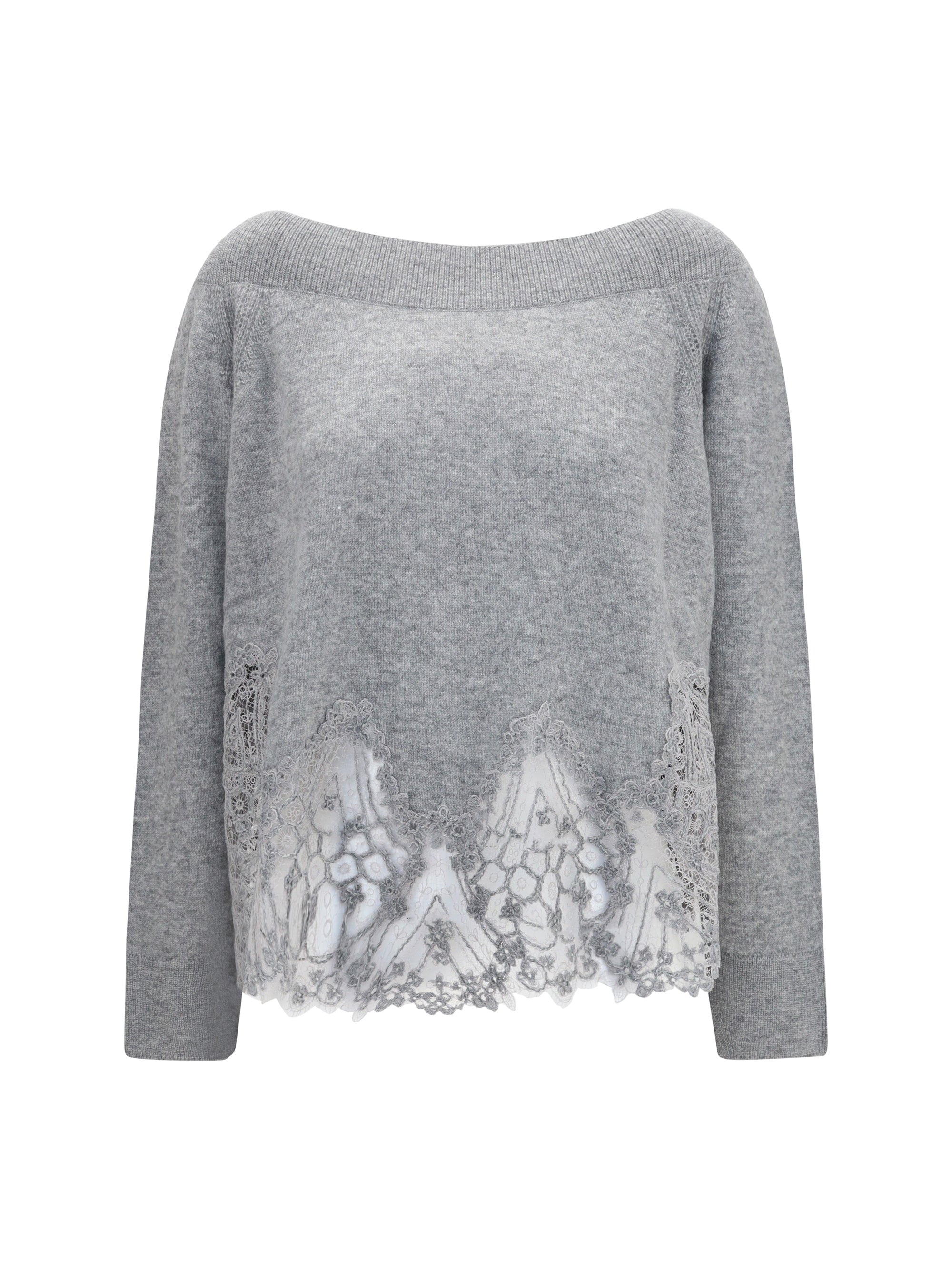 Boat Neck Lace-Trimmed Sweater — Gray