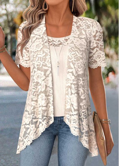 Modlily Beige Two-piece Short Sleeve Cardigan and Tank Top