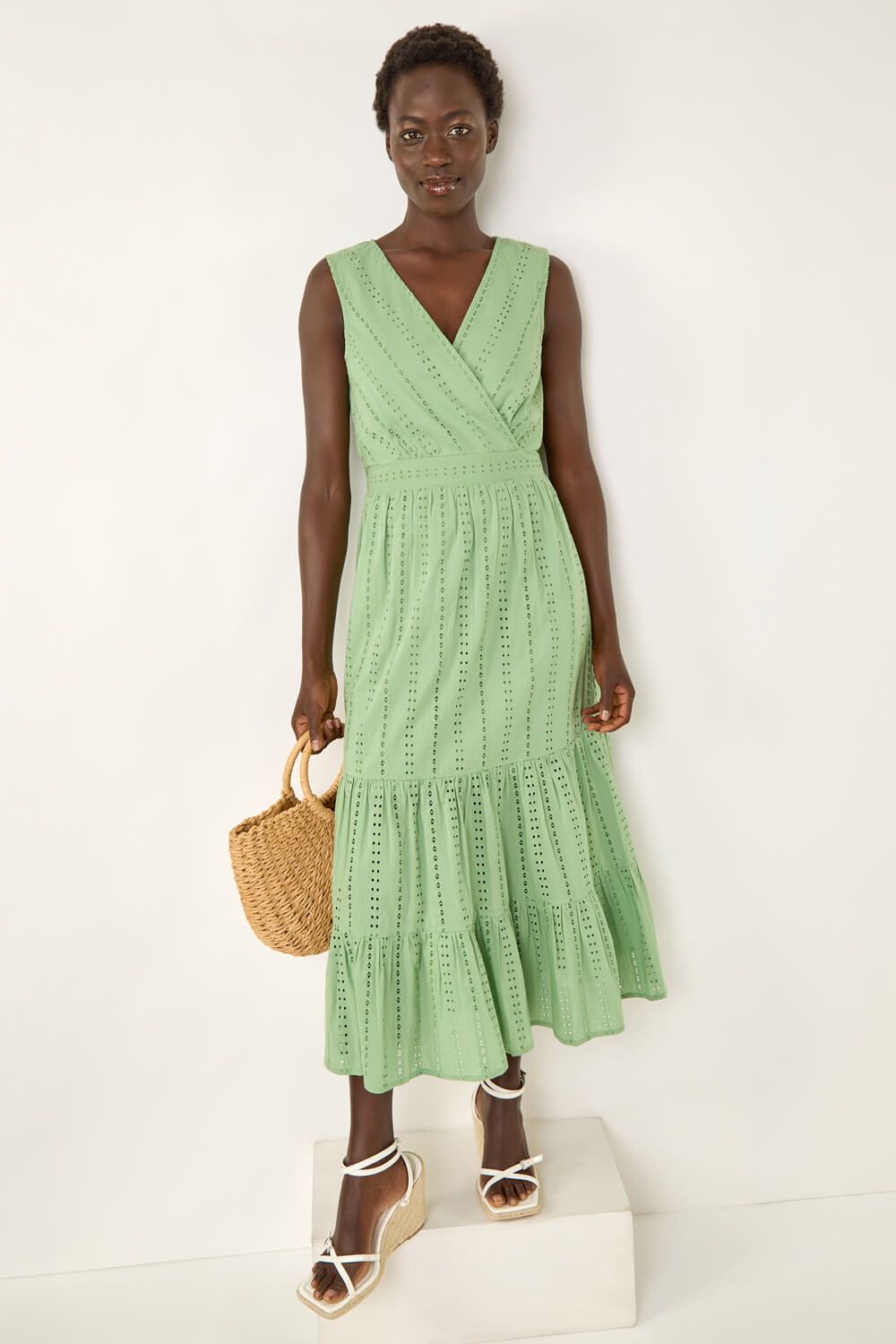 Roman Women's Embroidered V-Neck Midi Dress in Green