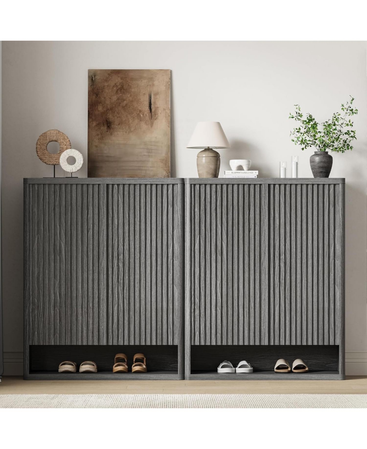 63 Inch Shoe Cabinet Large Shoe Storage Cabinet with Adjustable Shelves Wooden Shoe Organizer with Fluted Door Holds 50–60 Pairs - Grey