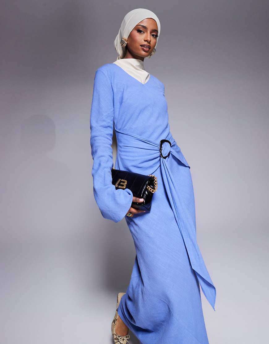 Long sleeve maxi dress with belt detail in soft blue