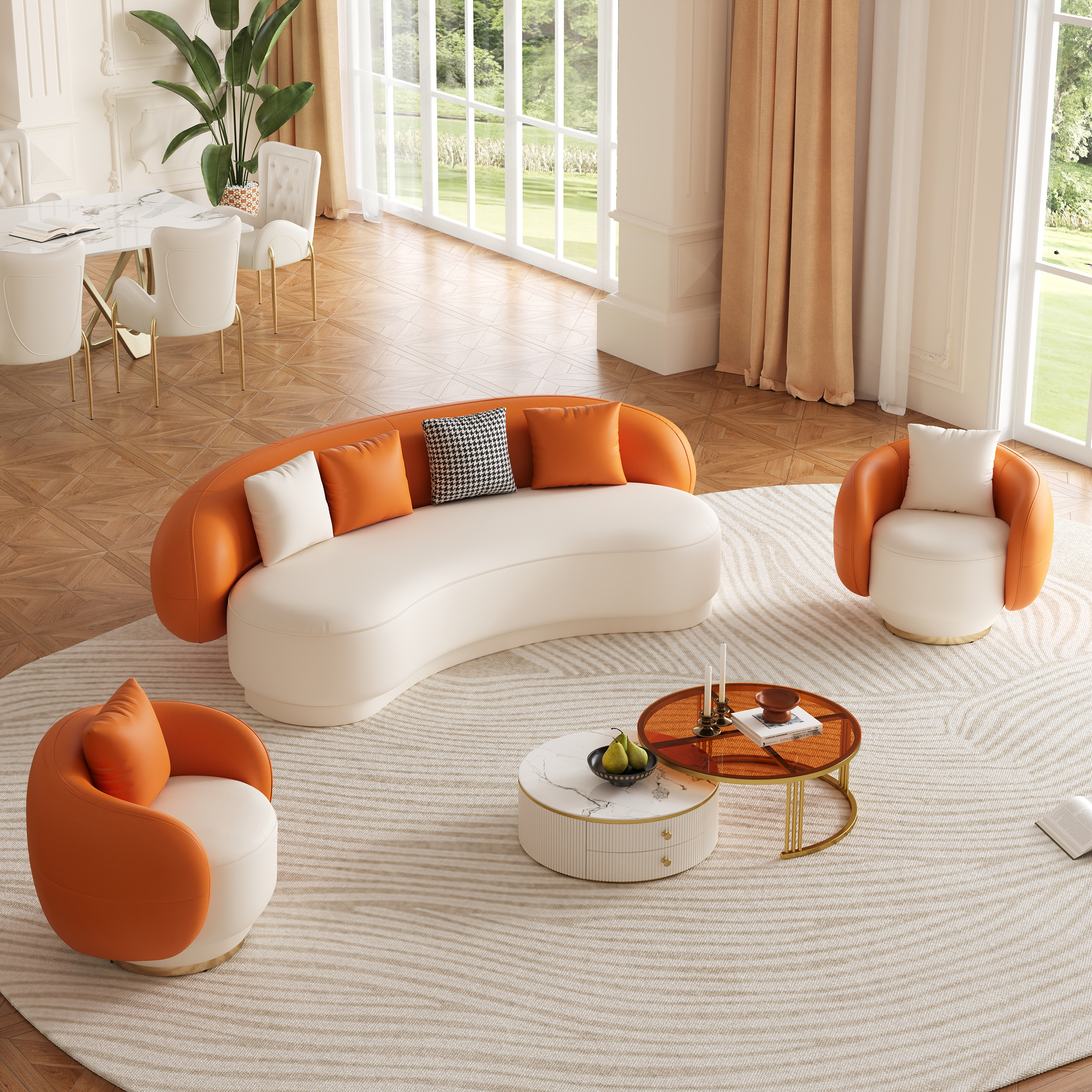 Suncurve Faux Leather 3-Seat Sofa Set with Swivel Accent Chairs Set of 2