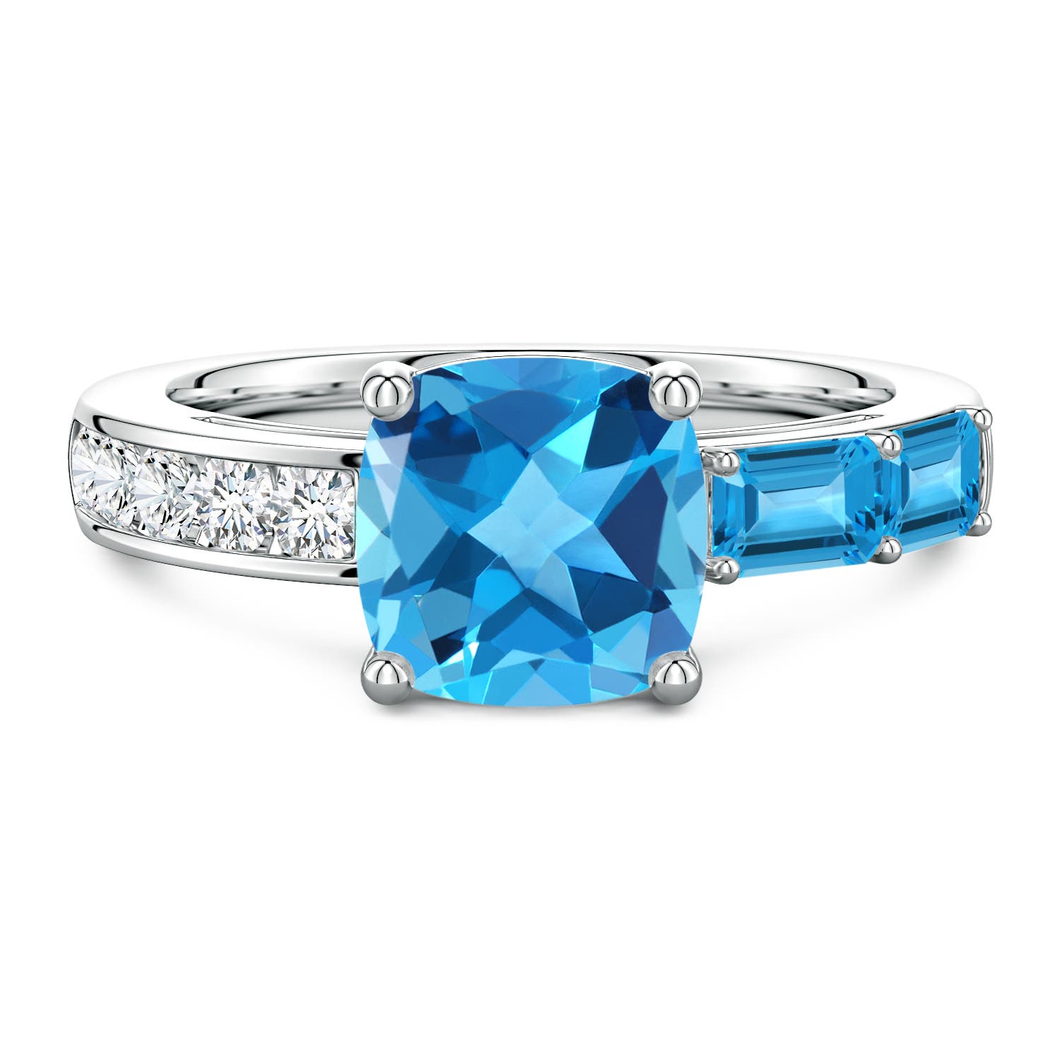 Lee Harris x Angara 3.49 CTW Cushion Swiss Blue Topaz Modern Art Deco Inspired Side Stone Ring in Platinum