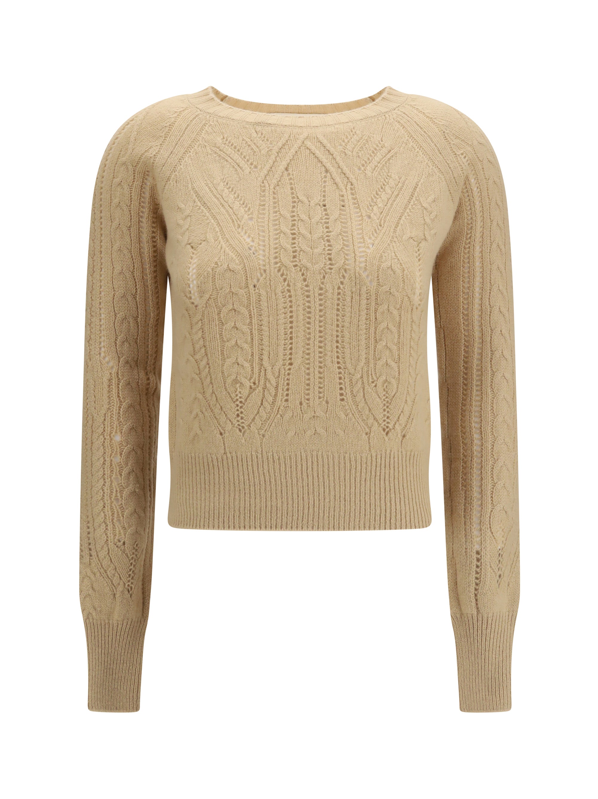 Cable Knit and Openwork Cashmere Sweater — Beige