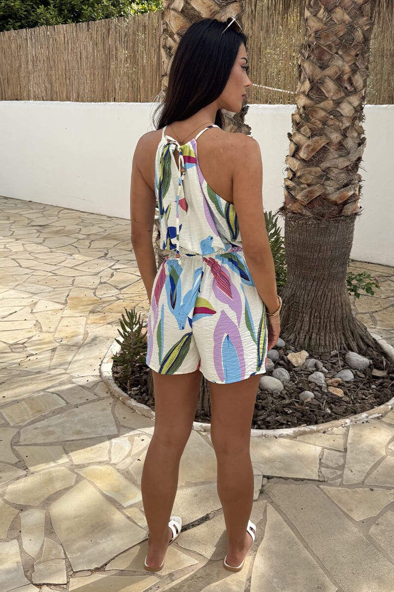 Ax Paris Multi Leaf Print Tie Racer Neck Shirred Waist Playsuit