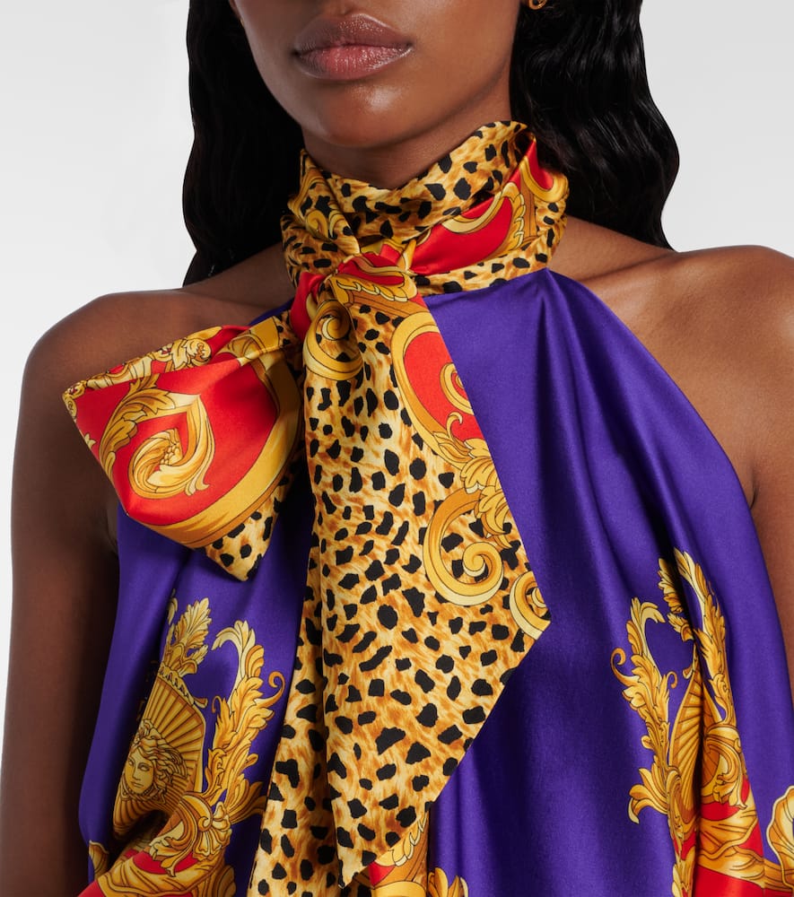 Bow-detail printed silk satin top