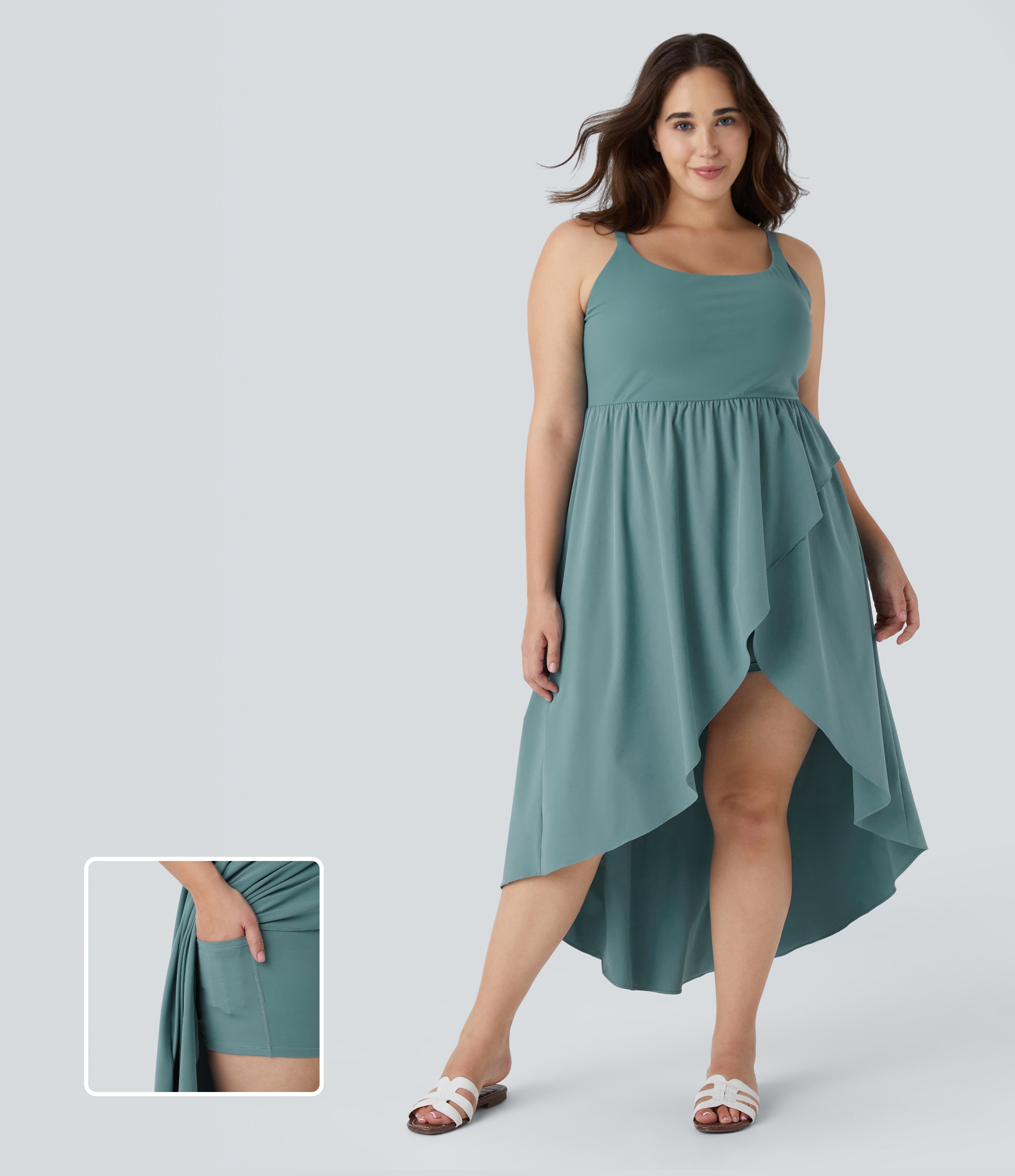 Breezeful™ Asymmetric Crossover Hem 2-Piece Pocket Flowy Midi Quick Dry Casual Plus Size Dress Casual Dress - Stone Blue