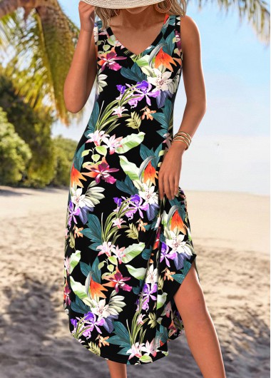 Modlily Black Tummy Coverage Floral Print A Line Sleeveless Dre