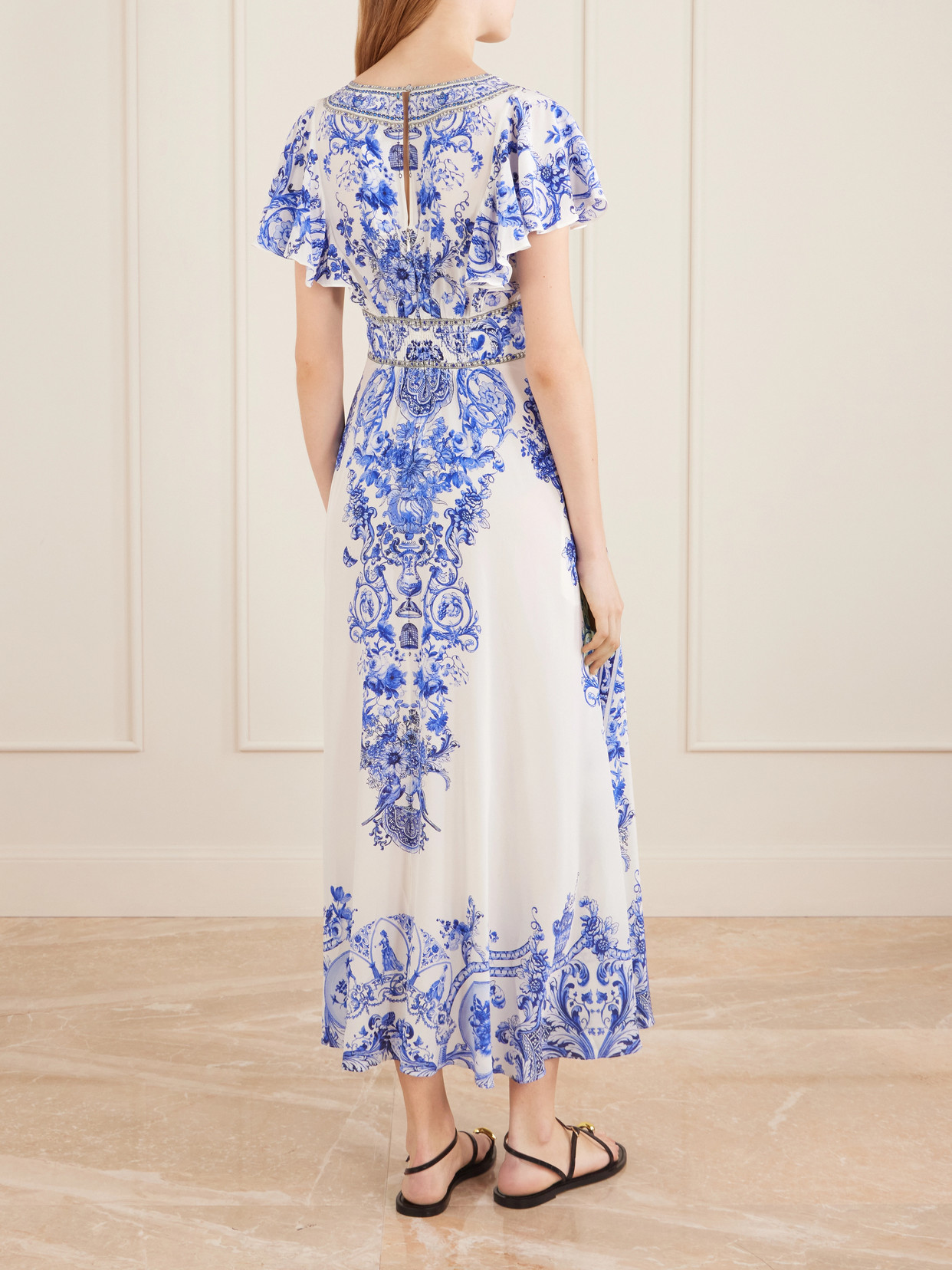 Embellished Printed Ruffled Silk-crepe Midi Dress - Blue