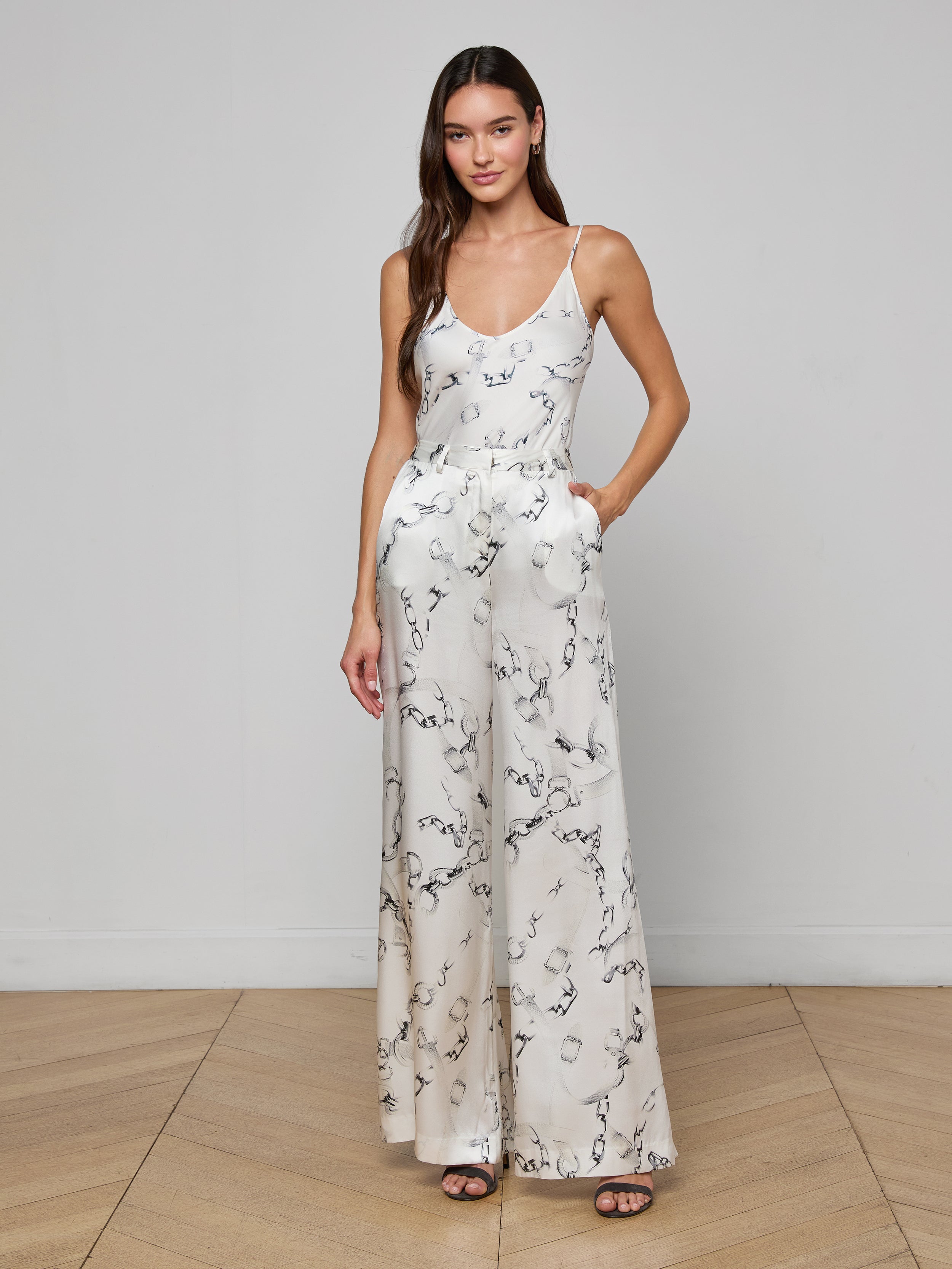 Lexi Satin Camisole In Ivory/grey Small Faded Chain