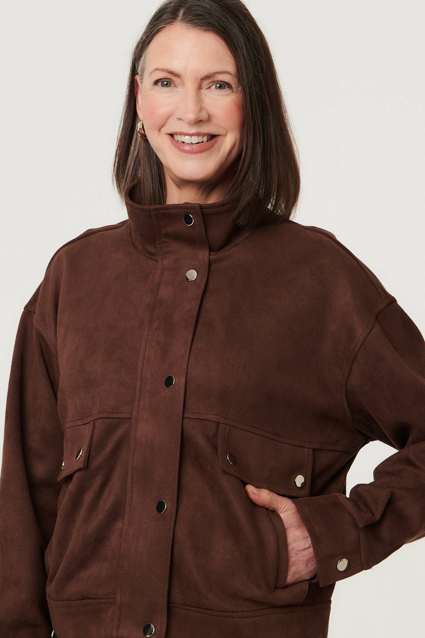 Izabel London Faux Suede Pocket Front Relaxed Jacket In Brown