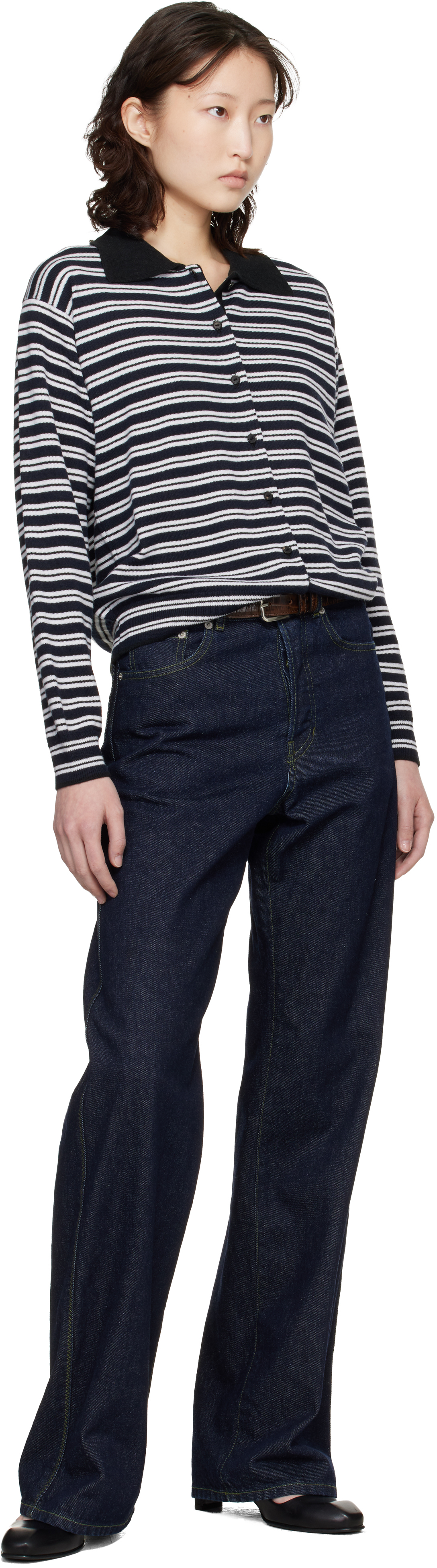 Black & White Merino Wool Striped Polo Cardigan