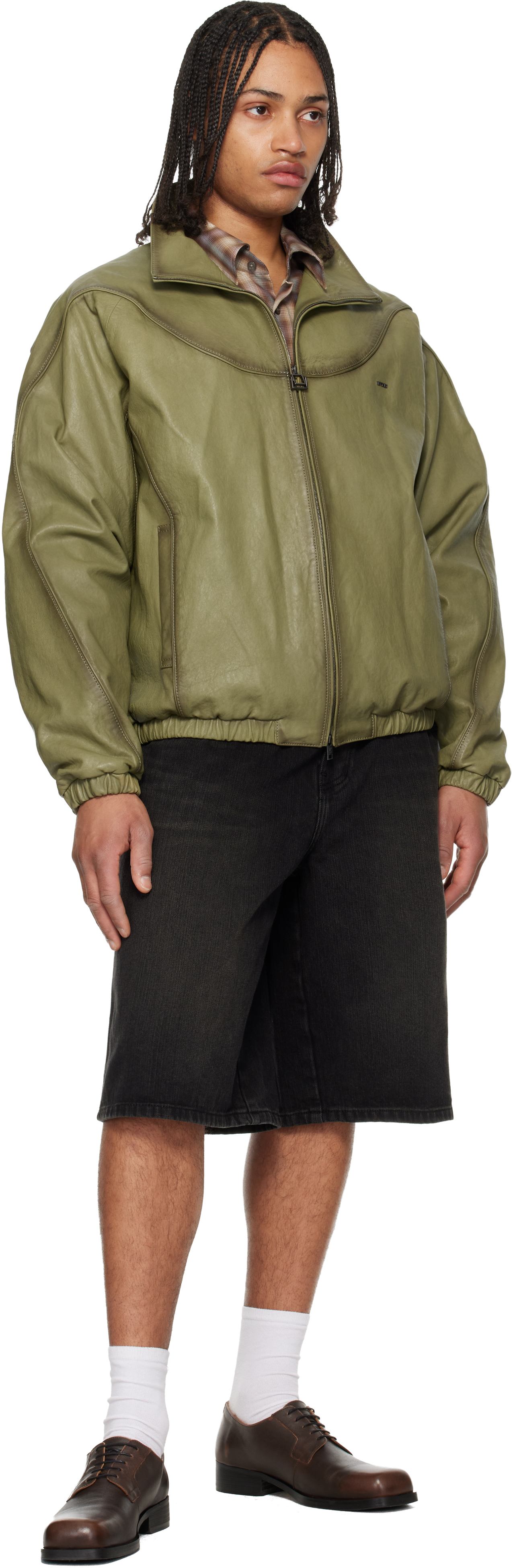 Khaki High Neck Leather Jacket