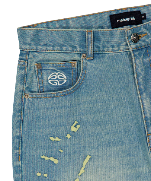 EMB SPLATTER DENIM PANT BLUE