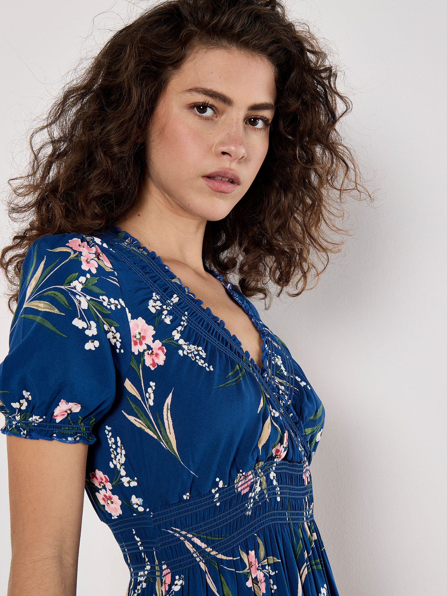 Apricot Watercolour Floral Smocked Maxi Dress In Blue