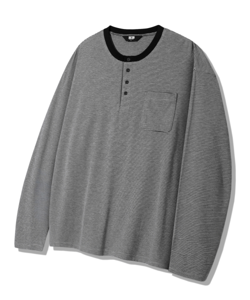 Thin Stripe Pocket Henry Neck Long Sleeve_4color