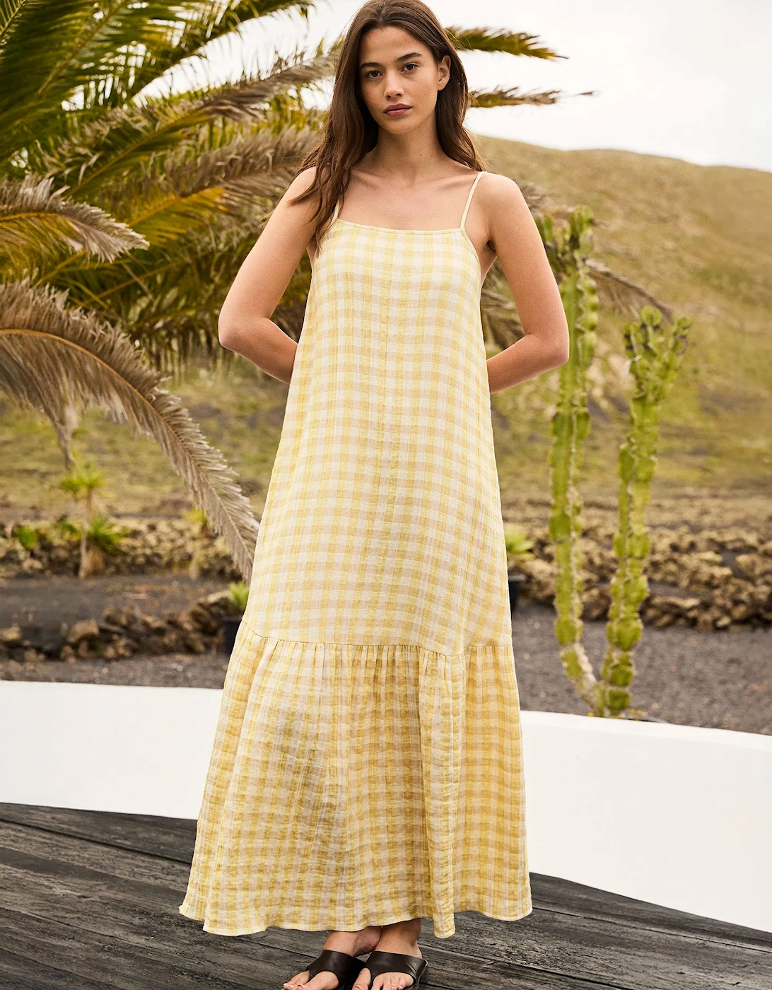 RO&ZO Women's Lemon-Yellow Cheesecloth Check Tiered Dre