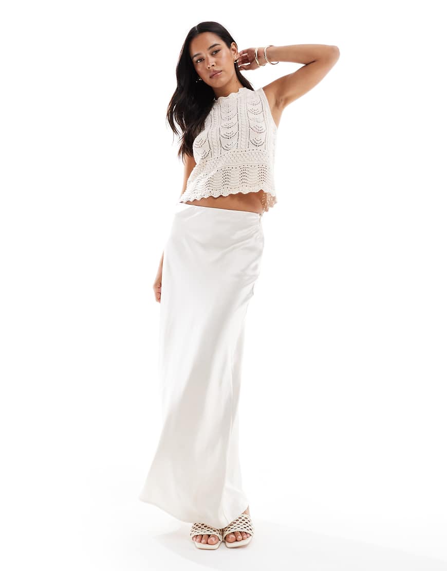 Satin column maxi skirt in cream-White