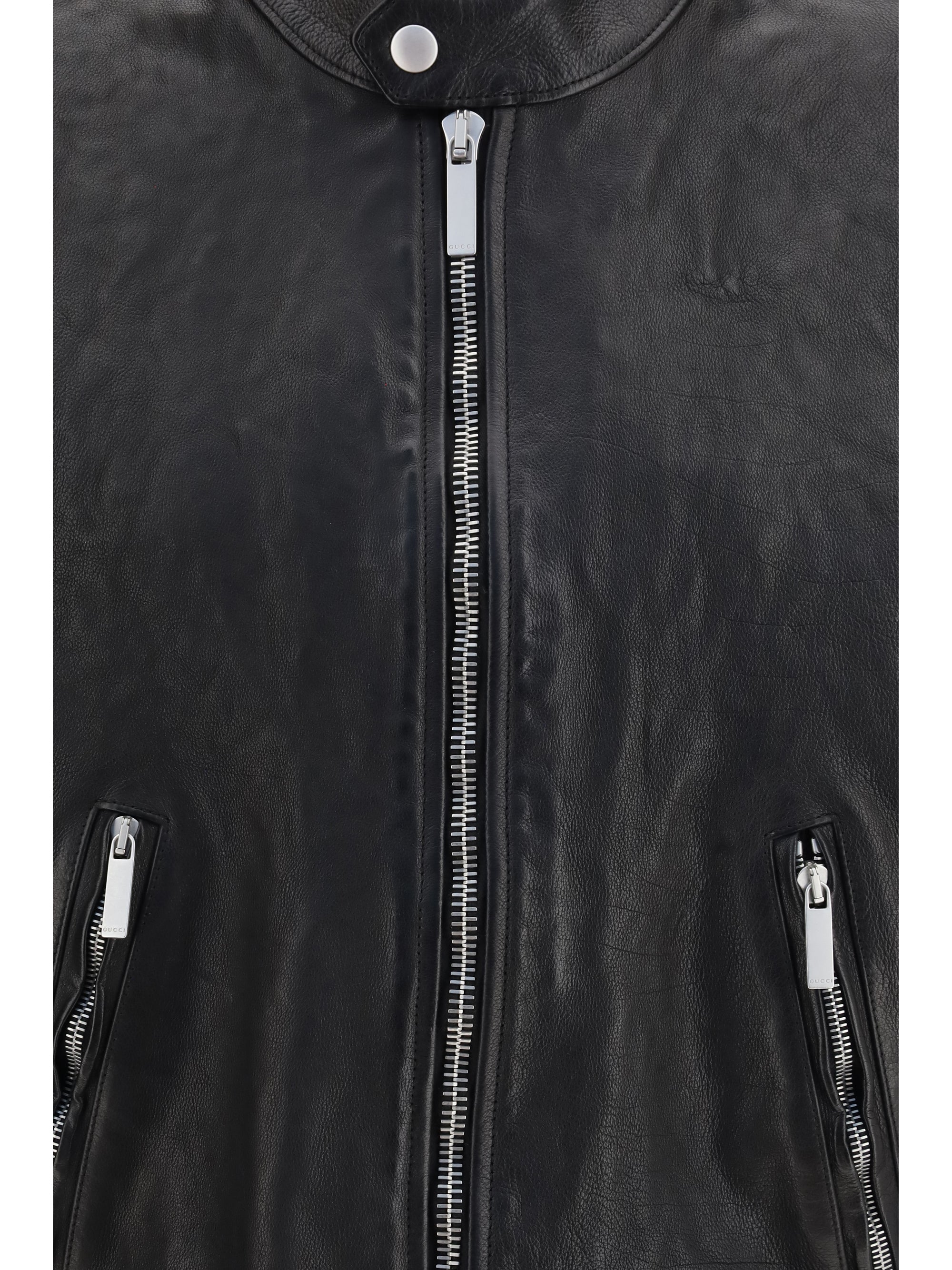 Web-Trimmed Buffalo Leather Bomber Jacket — Black