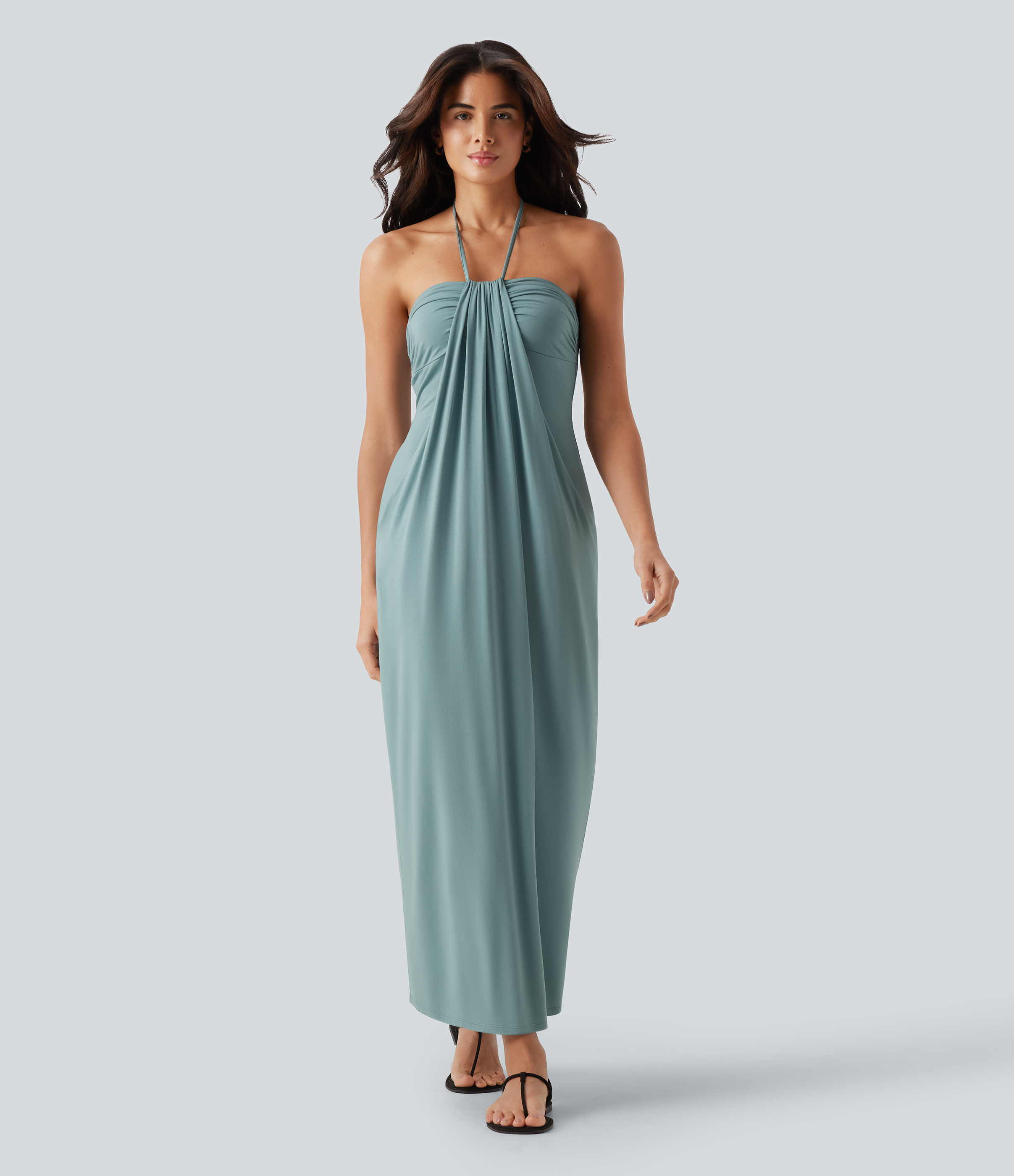 Halter Tie Back Maxi Dress with Pockets Casual Dress - Aquifer